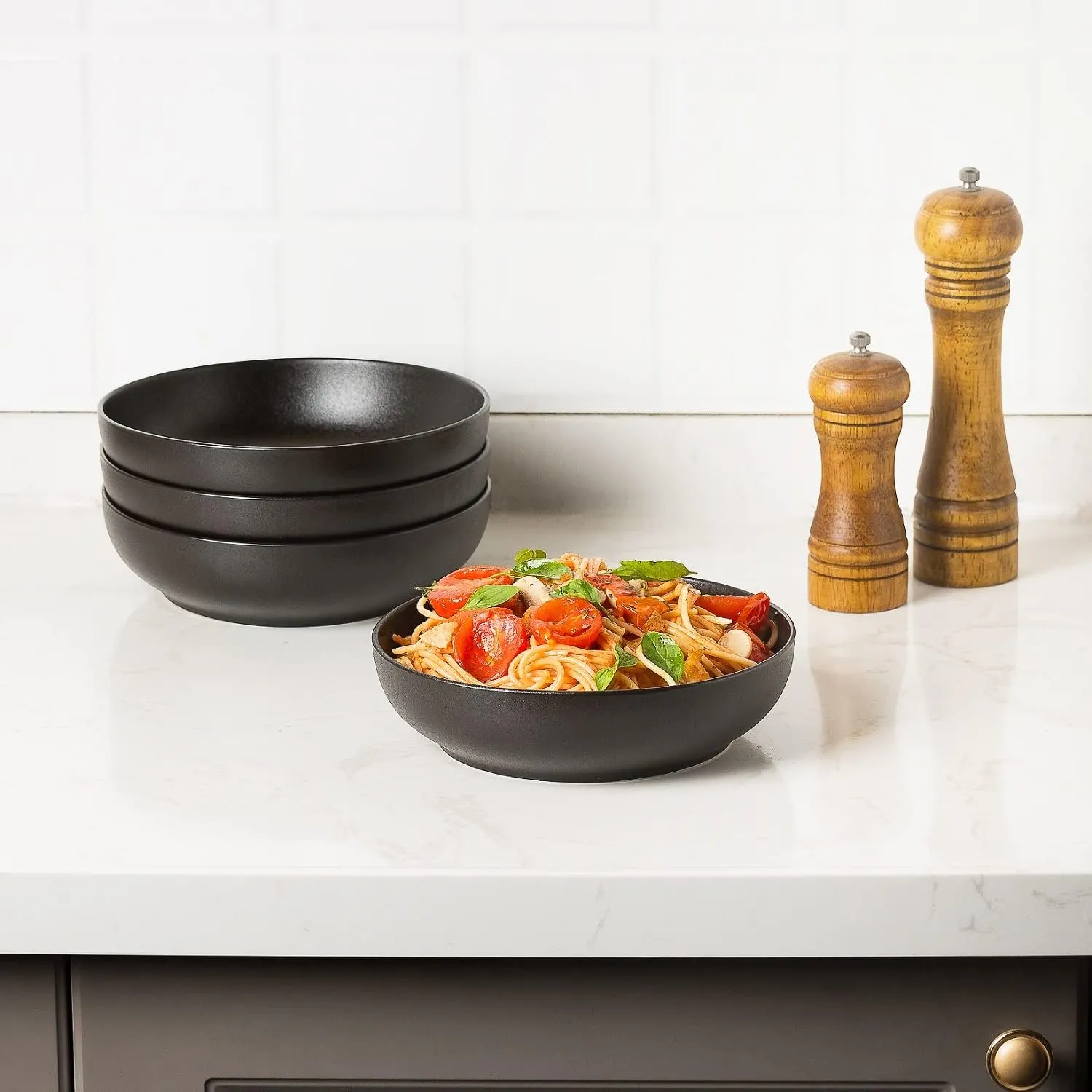 30oz Pasta bowls set - 8" serving bowls - salad bowl set of 4 - Large ceramic Dinner bowls - Microwave safe Perfect for Housewarming, Thanksgiving, Christmas-Matte Black