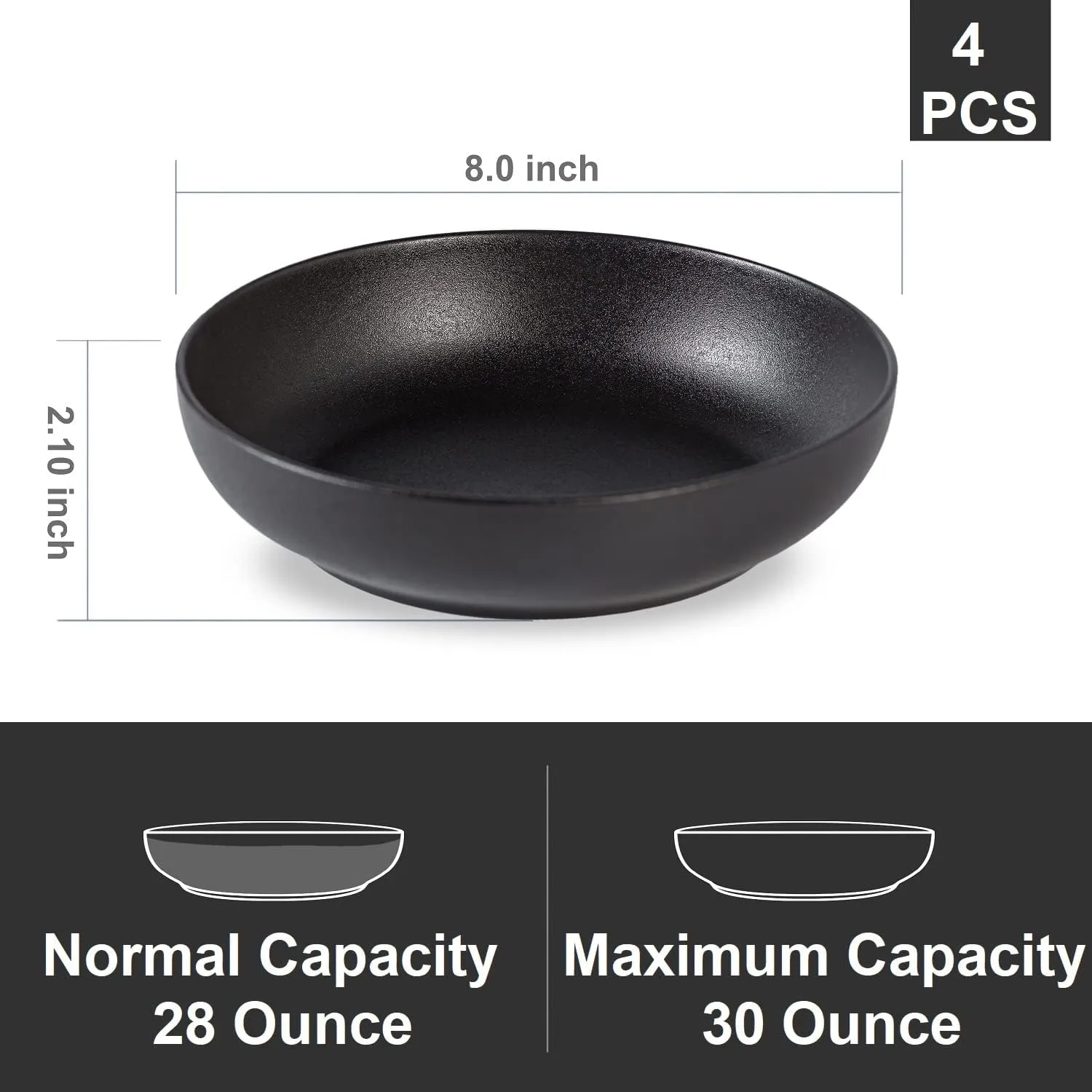 30oz Pasta bowls set - 8" serving bowls - salad bowl set of 4 - Large ceramic Dinner bowls - Microwave safe Perfect for Housewarming, Thanksgiving, Christmas-Matte Black