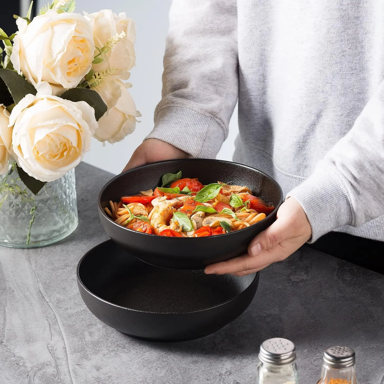 30oz Pasta bowls set - 8" serving bowls - salad bowl set of 4 - Large ceramic Dinner bowls - Microwave safe Perfect for Housewarming, Thanksgiving, Christmas-Matte Black