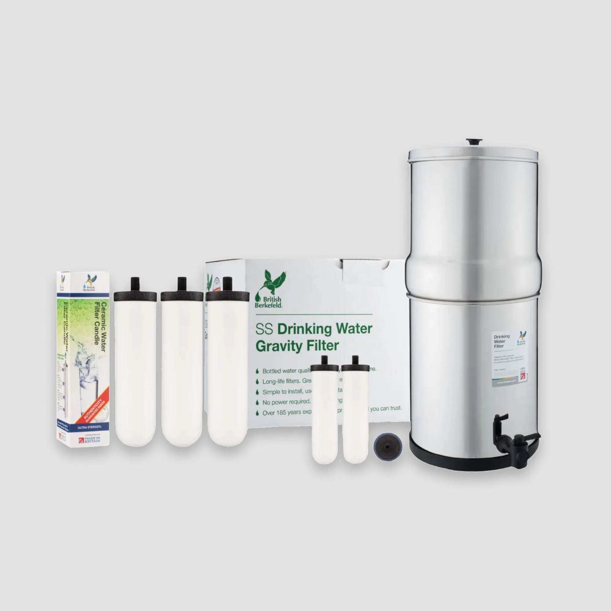 3.17 Gallon Sterasyl Filter Bundle: British Berkefeld Doulton Gravity-Fed Water Filtration System and Sterasyl Filters (3 Pack)