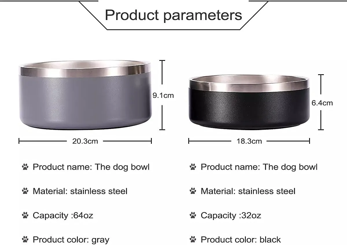 32oz 64oz Stainless Steel Double Wall Dog Bowls,BPA Free Non-Slip Pet Dishes,Cat Food&Water Bowl with Rubber Base (32oz, Silver)