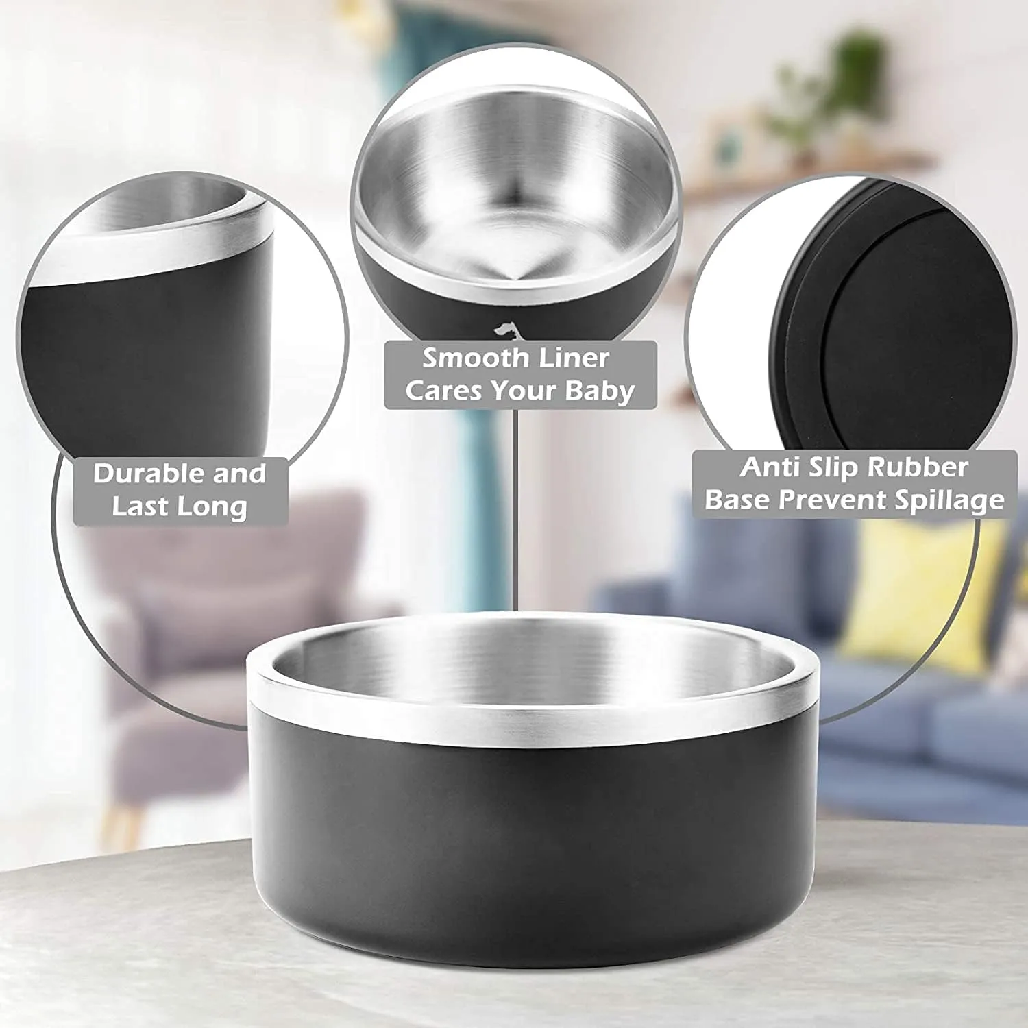 32oz 64oz Stainless Steel Double Wall Dog Bowls,BPA Free Non-Slip Pet Dishes,Cat Food&Water Bowl with Rubber Base (32oz, Silver)