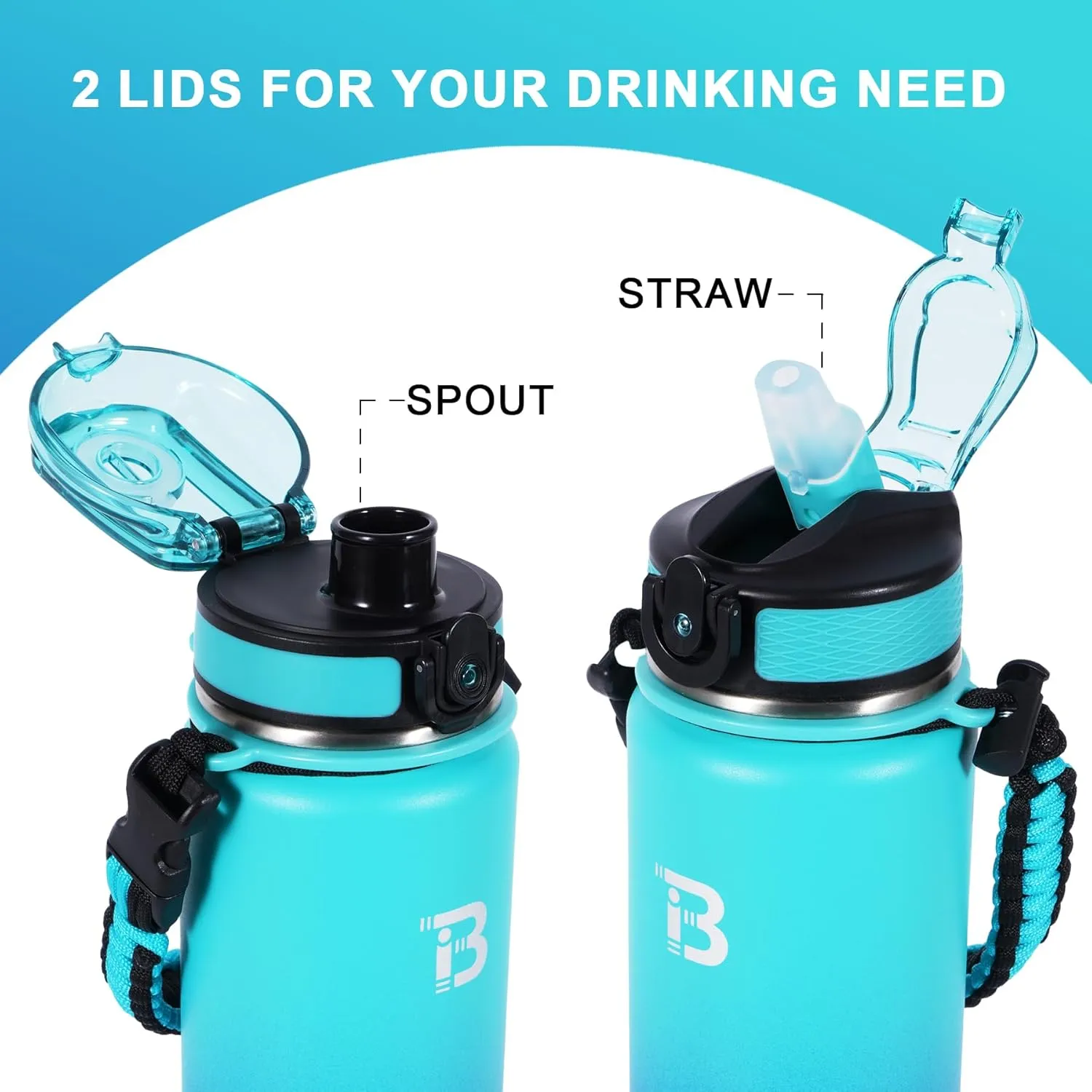 32oz Insulated Water Bottle with Straw Lid & Spout Lid & Paracord Handle, Stainless Steel Water Bottle Wide Mouth, Double Wall for Women Men Gym Fitness Outdoor