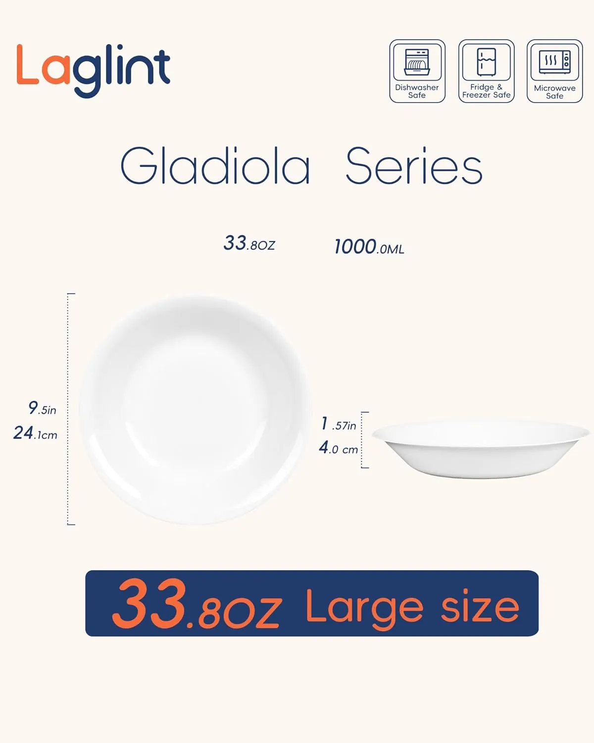 34OZ Opal Glass Large Pasta Bowls Set of 4, 9.5'' Round Shallow Serving Bowl for Soup, Salad, Dinner, Large Kitchen Bowl Plates Pasta Plates, Lightweight, Microwave Dishwasher Safe White
