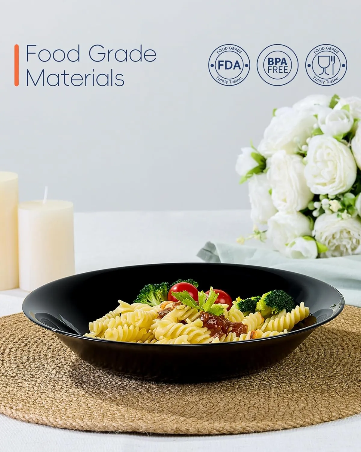34OZ Opal Glass Large Pasta Bowls Set of 4, Lightweight 9.5 inch Round Large Shallow Serving Bowl for Soup, Salad, Dinner, Microwave Dishwasher Safe Black