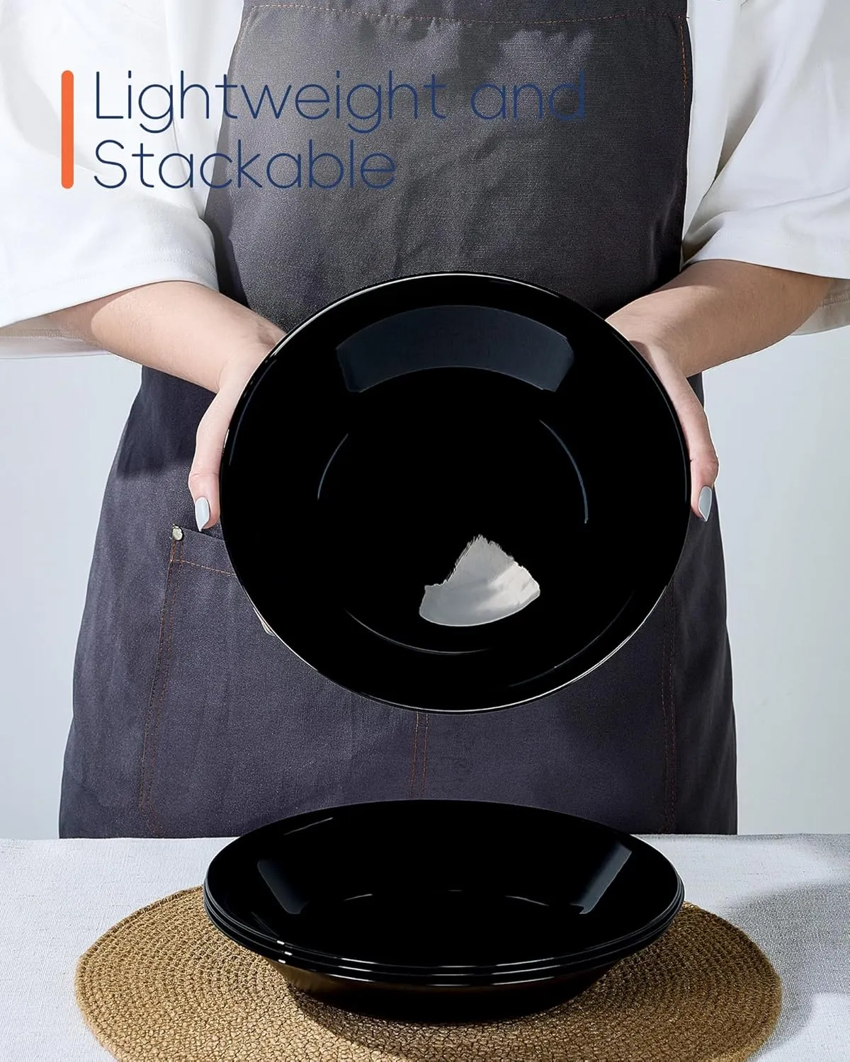 34OZ Opal Glass Large Pasta Bowls Set of 4, Lightweight 9.5 inch Round Large Shallow Serving Bowl for Soup, Salad, Dinner, Microwave Dishwasher Safe Black