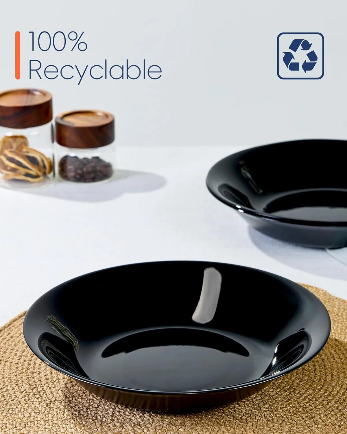 34OZ Opal Glass Large Pasta Bowls Set of 4, Lightweight 9.5 inch Round Large Shallow Serving Bowl for Soup, Salad, Dinner, Microwave Dishwasher Safe Black