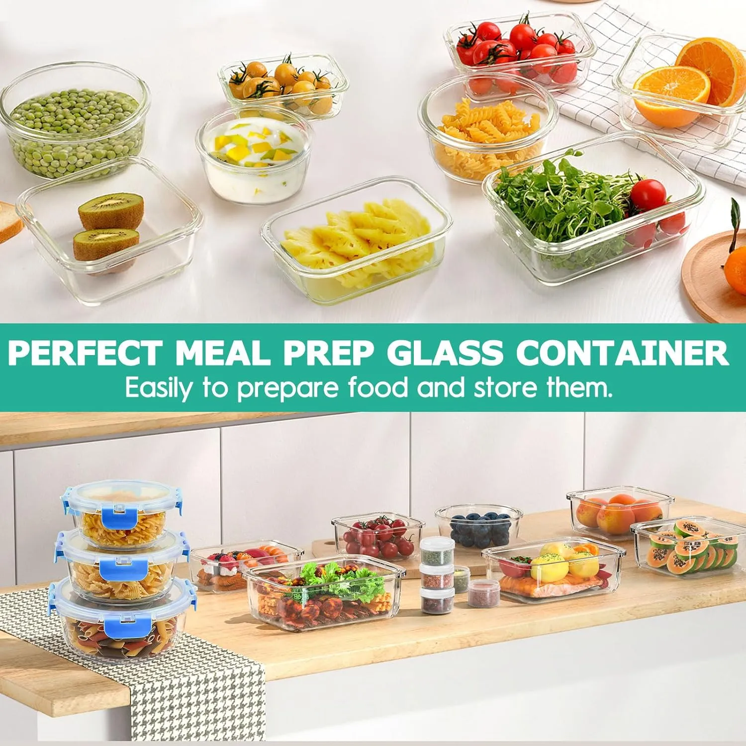 34pcs Glass Food Storage Containers with Lids Set, Airtight Glass Meal Prep Containers (17 Containers & 17 Lids), Leak Proof Lunch Containers BPA-Free, Microwave, Oven, Freezer, Dishwasher Safe-Blue