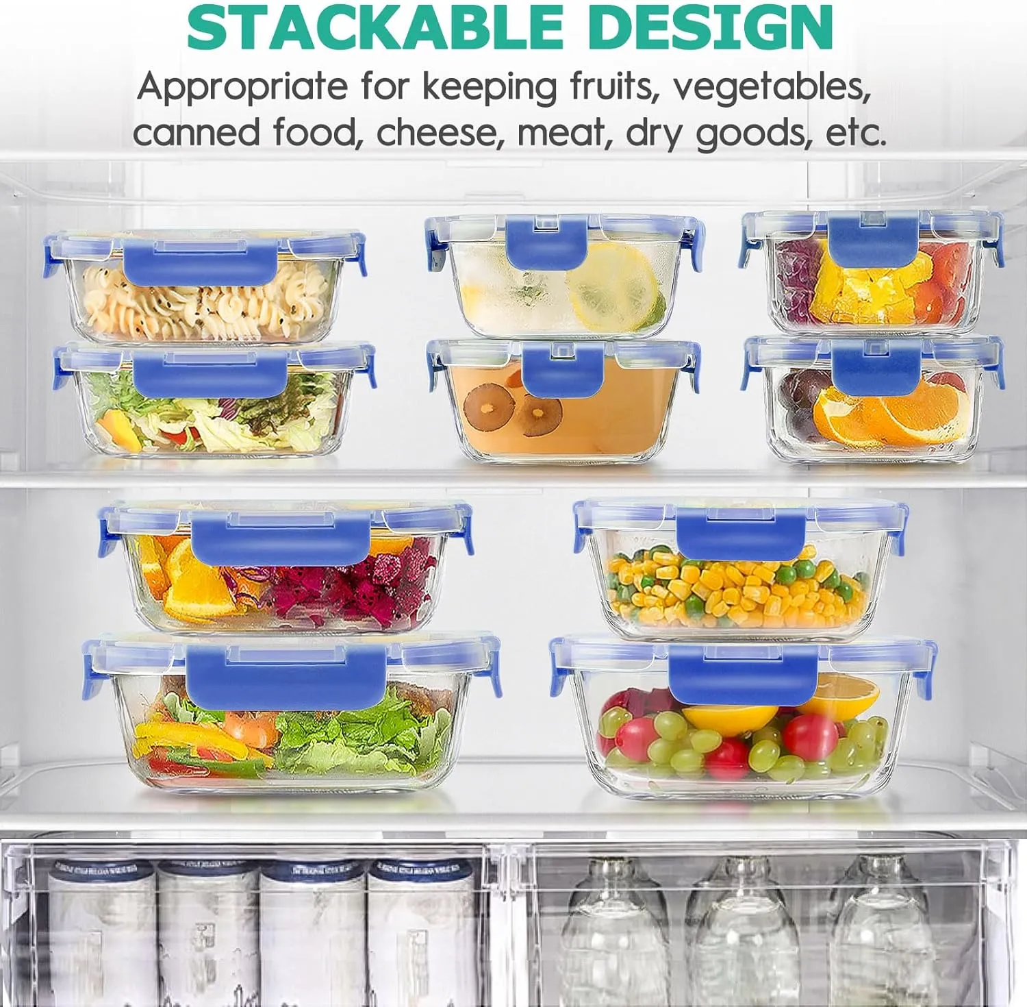 34pcs Glass Food Storage Containers with Lids Set, Airtight Glass Meal Prep Containers (17 Containers & 17 Lids), Leak Proof Lunch Containers BPA-Free, Microwave, Oven, Freezer, Dishwasher Safe-Blue