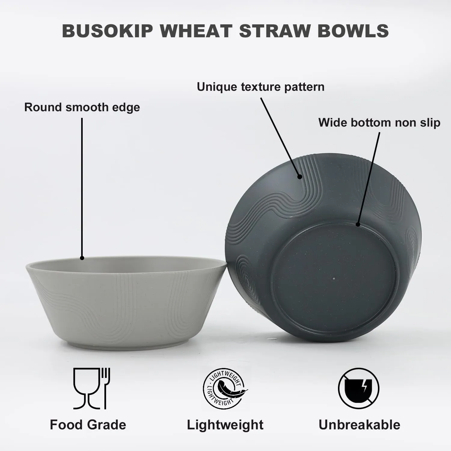 36 oz Wheat Straw Bowl Sets, 6 Pcs Unbreakable Cereal Bowls, Salad Bowl, Microwave and Dishwasher Safe, Alternative for Plastic Bowls Reusable for Kitchen (Black, Grey)