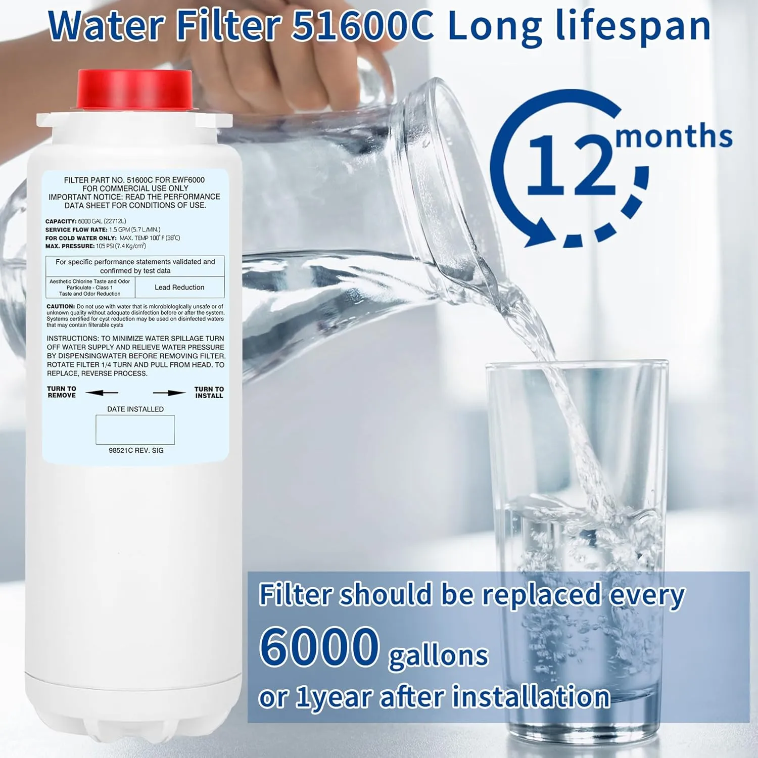 3Pcs 51600C Filter, Replacement for Elkay 51600C, Compatible with Ezh2o Filter Replacement Bottle Station, High Capacity Filters 51600 6000 Gal 12 Month, No Chip, 6000 Gallon