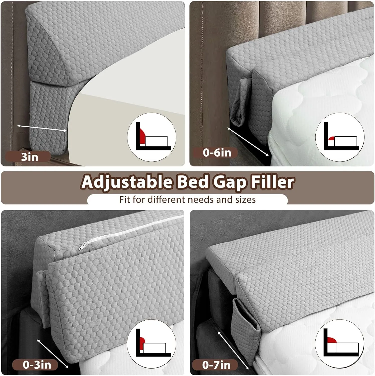 4 Modes Pillow Wedge for Headboard Gap, Foldable Bed Wedge Pillow, Bed Gap Filler King Size Fill The Gap (0-7"), Mattress Gap Filler Long Pillow Between Headboard and Mattress