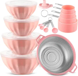 4 Pcs Mixing Bowls with Lids Plastic Nesting Bowls Set with Stainless Steel Colander 8 Pcs Measuring Cups and Spoons Set and Foldable Kitchen Funnel for Kitchen Cooking Accessories (Pink)