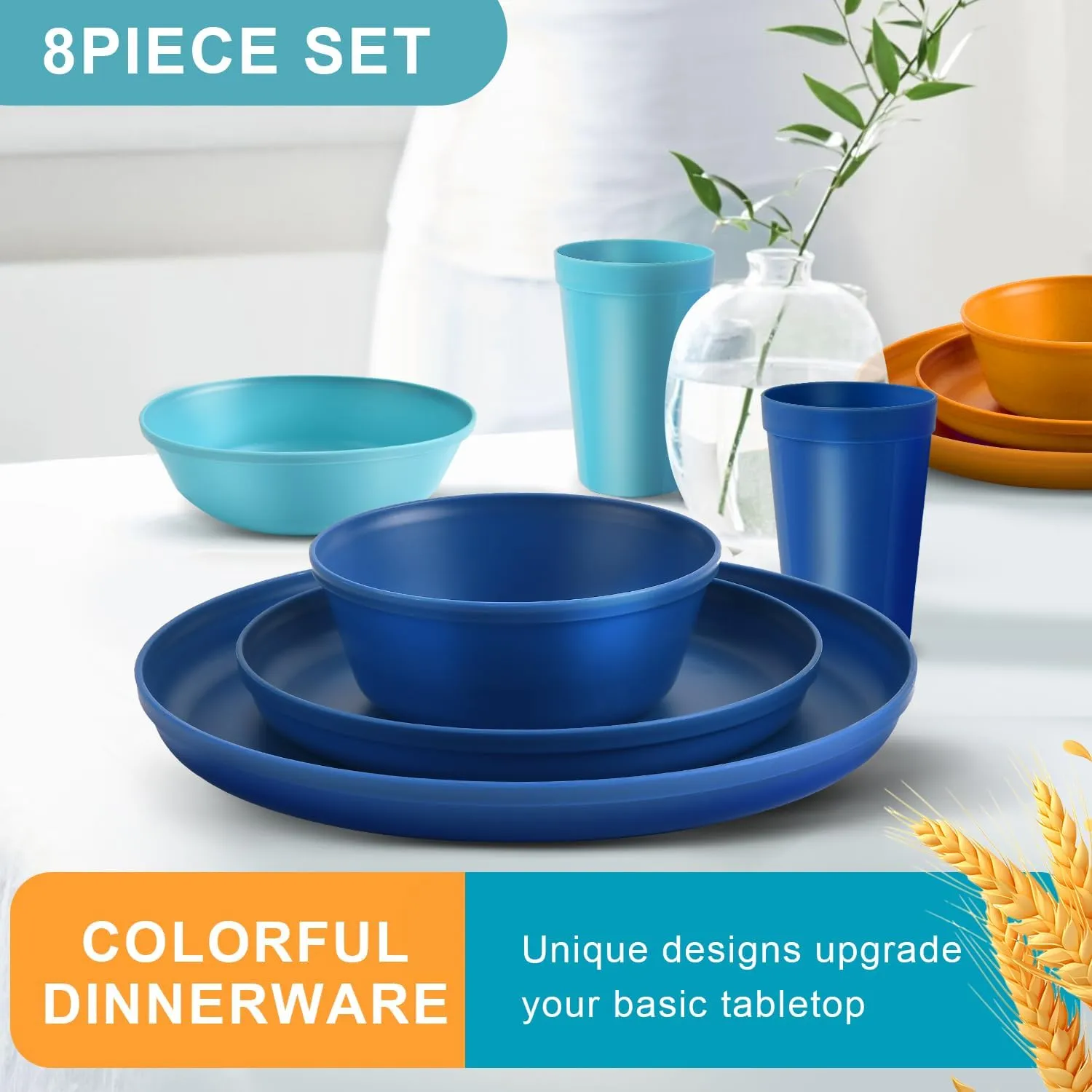 40-Piece Kitchen Plastic Dinnerware Set，Modern Dish Set for Apartment Essentials, Travel, Camping& RV, Picnic & Home Party, Reusable Plates Kids Plates and Bowls with Cutlery Set,Ocean Colors