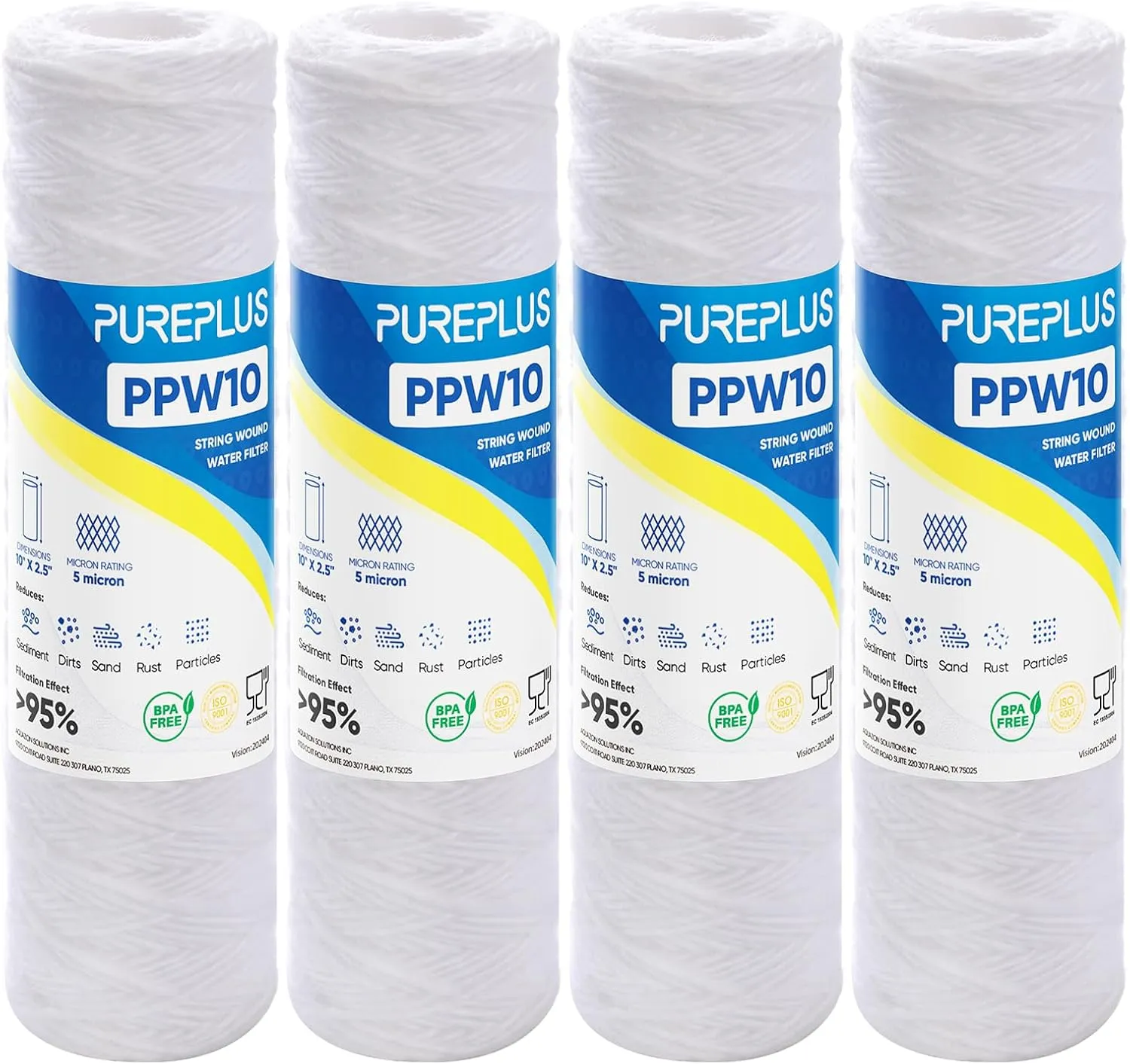 5 Micron 10"x2.5" Whole House String Wound Sediment Filter for Well Water, Replacement Cartridge for Universal 10 inch RO System, WP-5, Aqua-Pure AP110, CFS110, Culligan P5, WFPFC4002, CW-MF, 4Pack