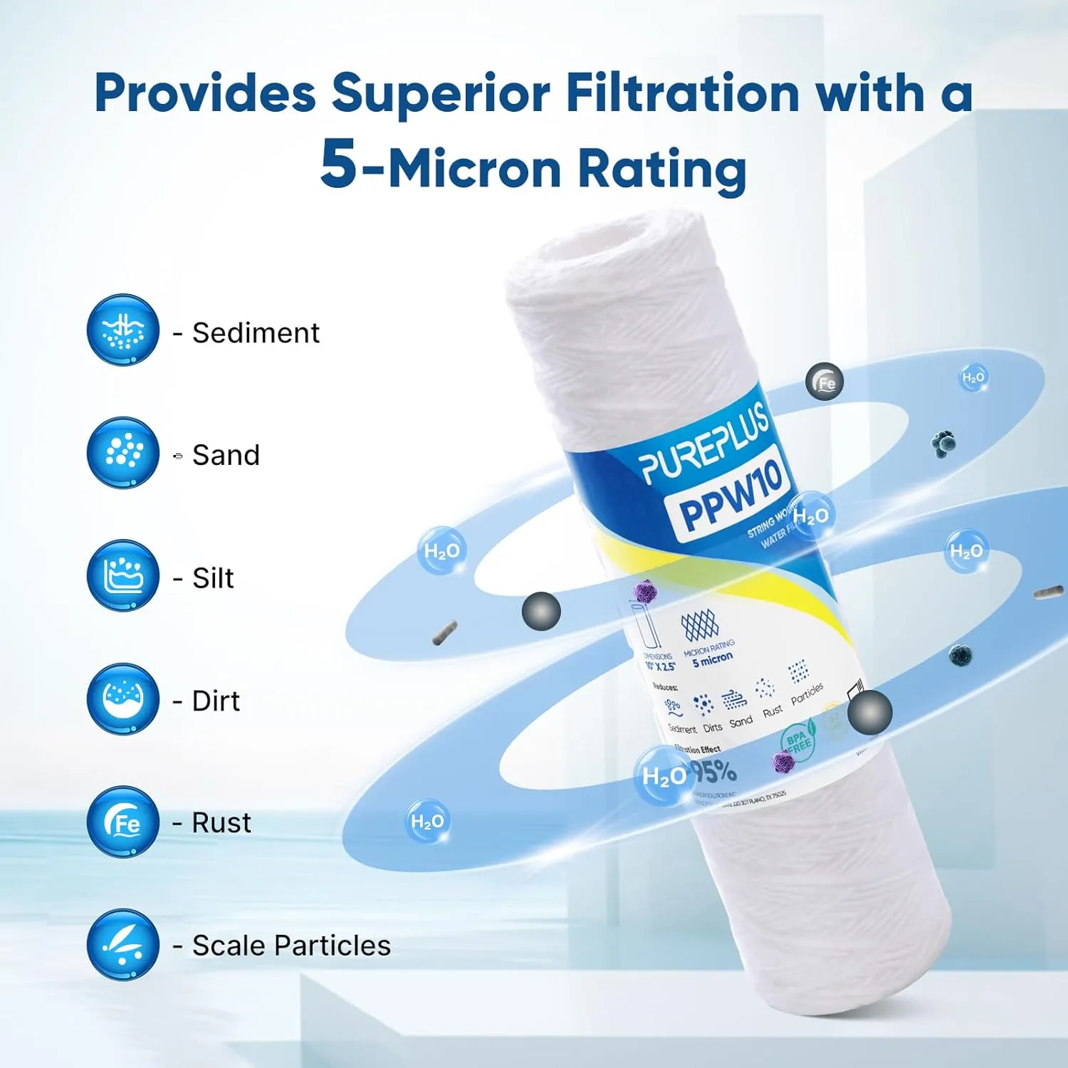 5 Micron 10"x2.5" Whole House String Wound Sediment Filter for Well Water, Replacement Cartridge for Universal 10 inch RO System, WP-5, Aqua-Pure AP110, CFS110, Culligan P5, WFPFC4002, CW-MF, 4Pack
