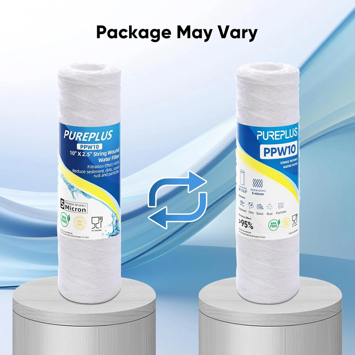 5 Micron 10"x2.5" Whole House String Wound Sediment Filter for Well Water, Replacement Cartridge for Universal 10 inch RO System, WP-5, Aqua-Pure AP110, CFS110, Culligan P5, WFPFC4002, CW-MF, 4Pack