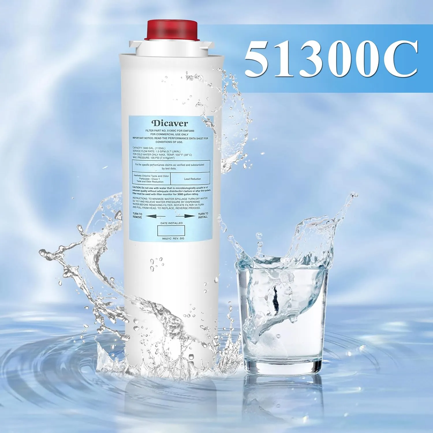 51300C Water Filter, Replacement for Elkay 51300C EWF3000 Filters By NSF/ANSI 42 Certified, Compatible with Ezh2o Filter Replacement Bottle Stations, High Capacity Filter 3000 Gallon (No Chip)