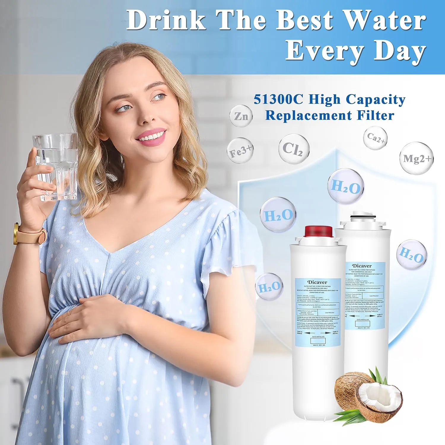 51300C Water Filter, Replacement for Elkay 51300C EWF3000 Filters By NSF/ANSI 42 Certified, Compatible with Ezh2o Filter Replacement Bottle Stations, High Capacity Filter 3000 Gallon (No Chip)