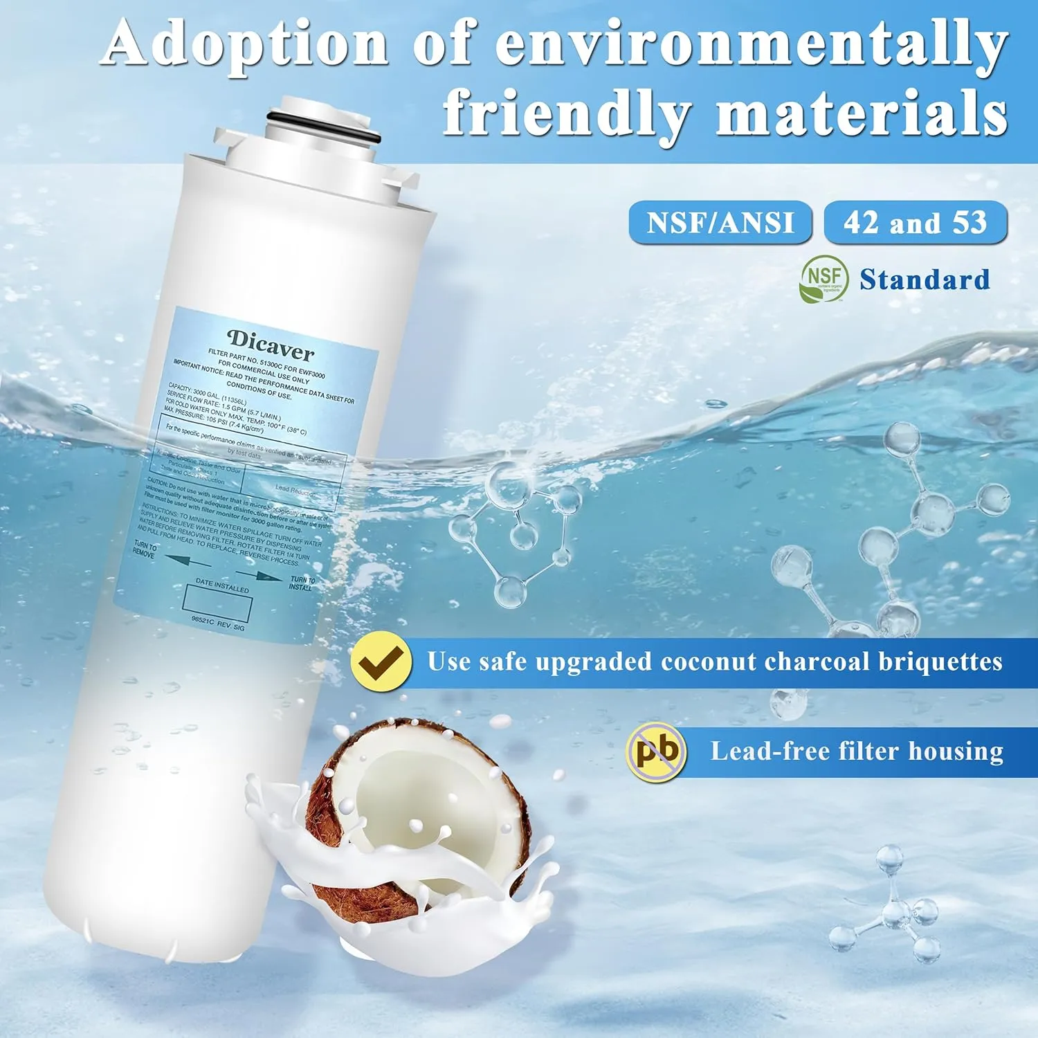 51300C Water Filter, Replacement for Elkay 51300C EWF3000 Filters By NSF/ANSI 42 Certified, Compatible with Ezh2o Filter Replacement Bottle Stations, High Capacity Filter 3000 Gallon (No Chip)