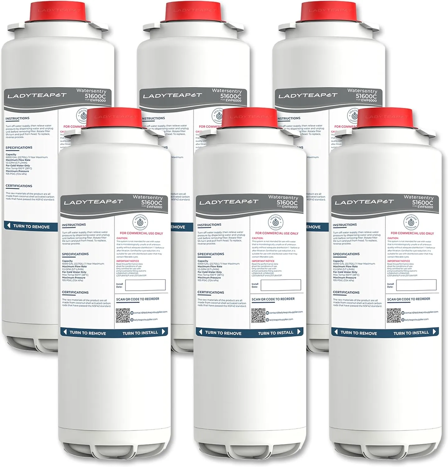51600C Filter Replacement Compatible With Elkay 51600C EWF6000 Bottle Filling Stations, 6000 Gallons/12 Months (No Chip - 6 Pack)