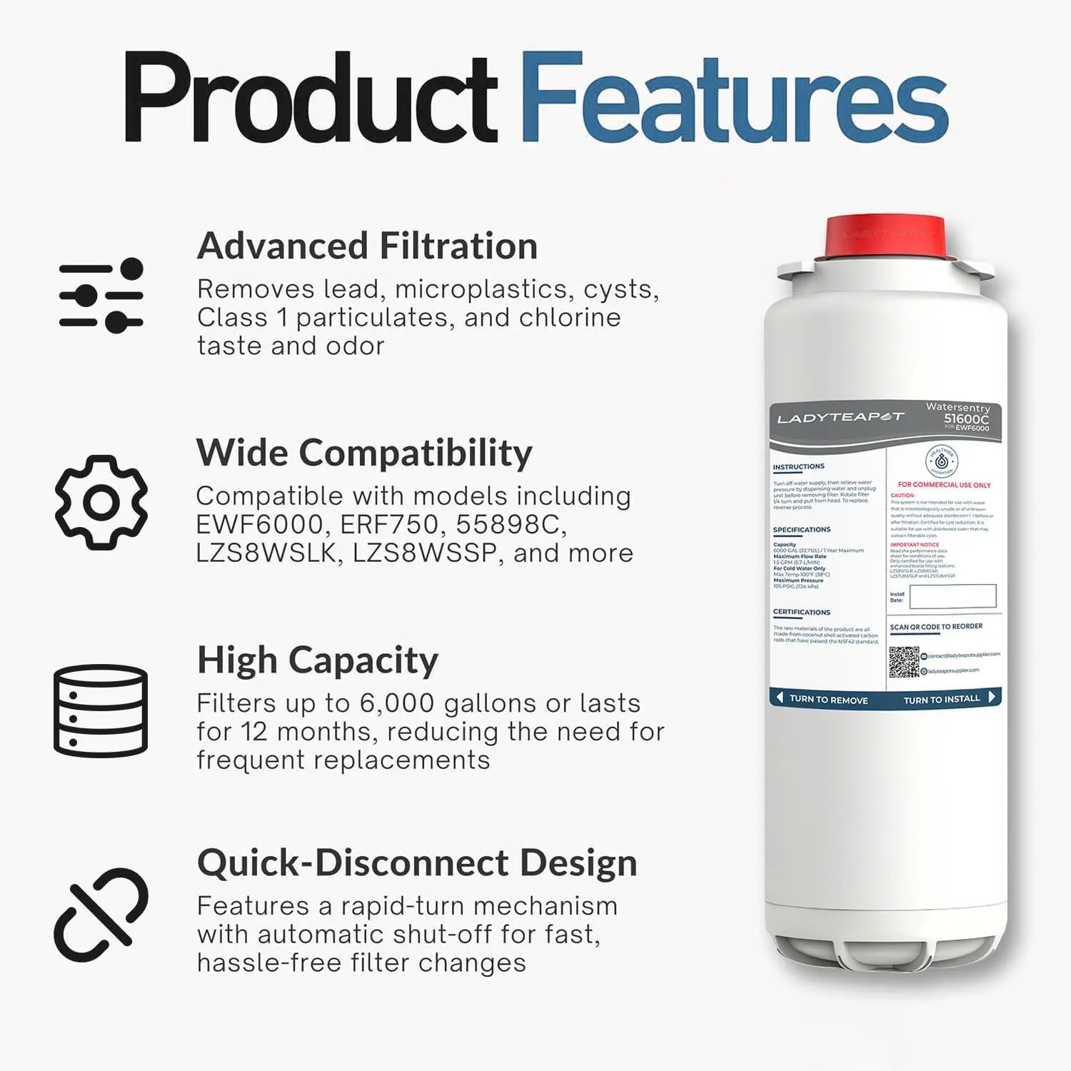 51600C Filter Replacement Compatible With Elkay 51600C EWF6000 Bottle Filling Stations, 6000 Gallons/12 Months (No Chip - 6 Pack)