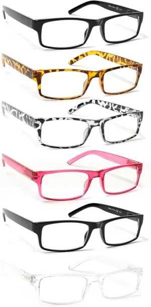 6 Pack Reading Glasses Traditional Frames for Men and Women Readers with Spring Loaded Hinges