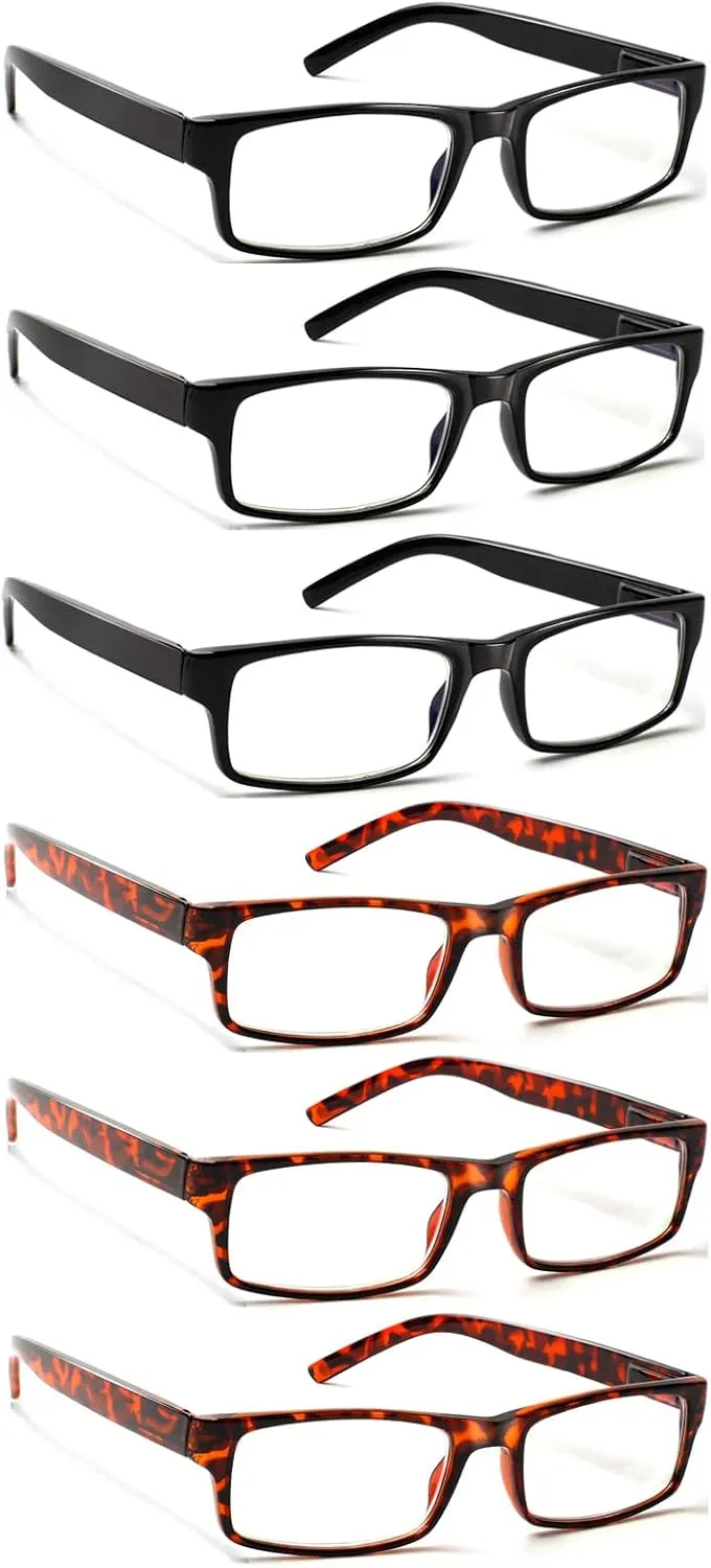6 Pack Reading Glasses Traditional Frames for Men and Women Readers with Spring Loaded Hinges