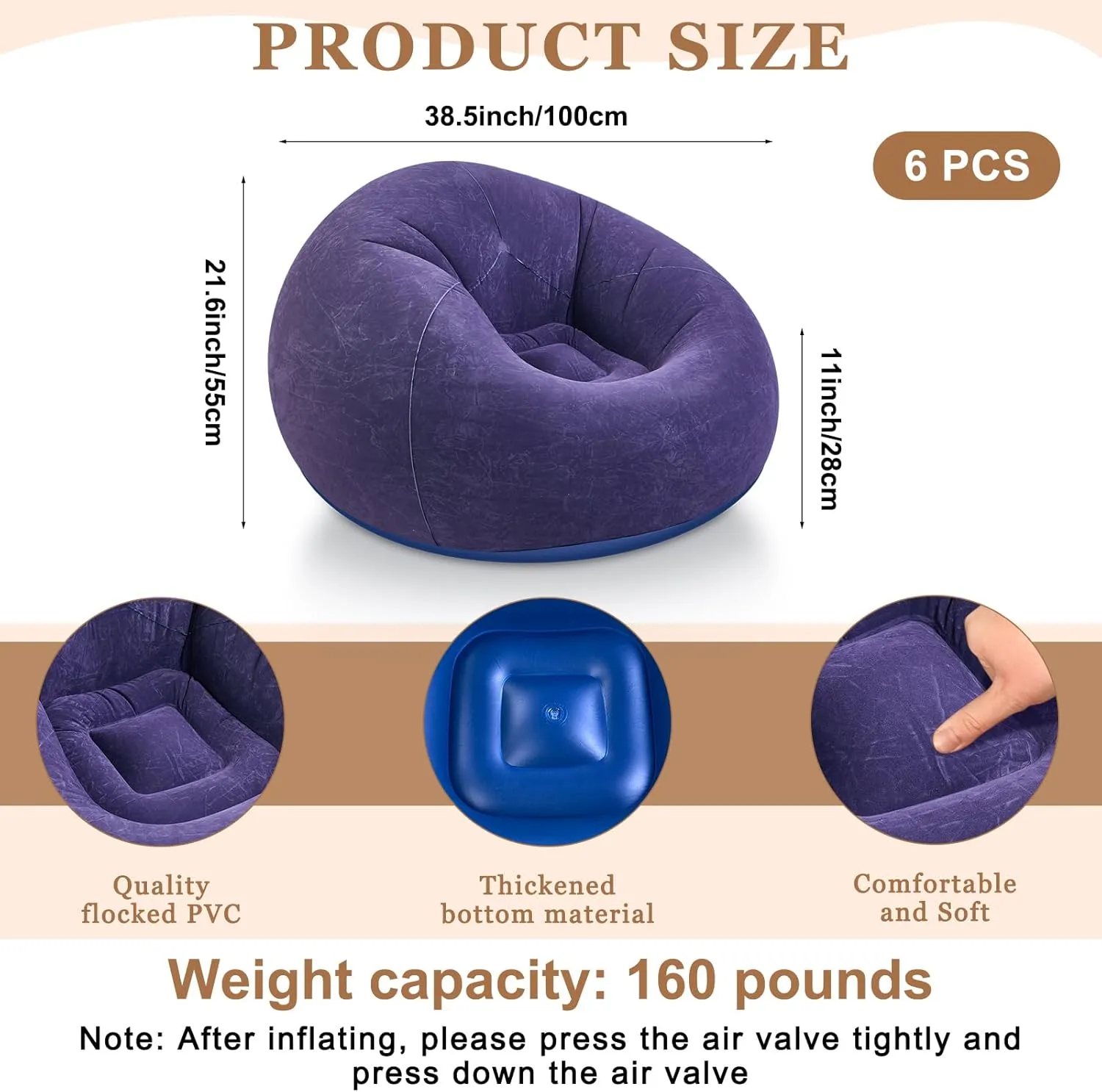 6 Pcs Bean Bag Chairs for Adults Inflatable Chairs with Electric Air Pump,Blow up Couch Folding Portable Inflatable Couch Lazy Sofa for Reading Living Room Camping (Blue)