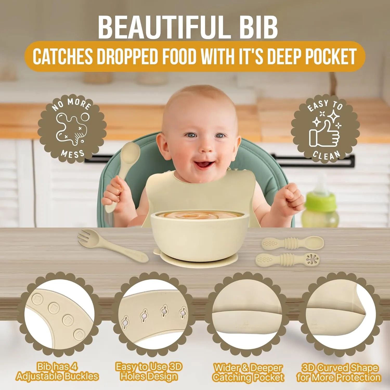 6 Piece Baby Bowls With Suction and Lids | Toddler Bowl Set with 1 Bowl, 1 Bib, 2 Baby Spoons, 1 Large Spoon, 1 Large Fork, Baby Feeding Essentials (1, Mint)