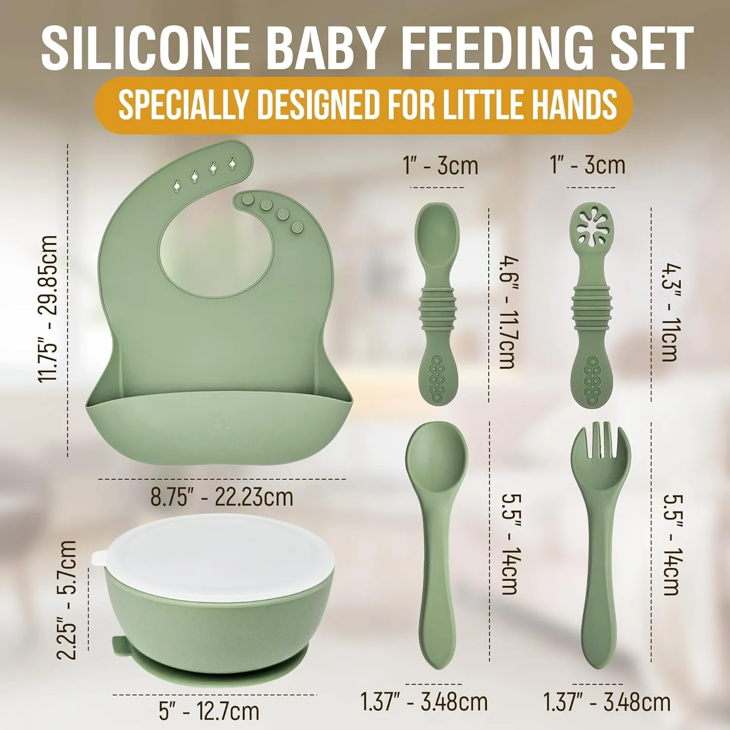 6 Piece Baby Bowls With Suction and Lids | Toddler Bowl Set with 1 Bowl, 1 Bib, 2 Baby Spoons, 1 Large Spoon, 1 Large Fork, Baby Feeding Essentials (1, Mint)