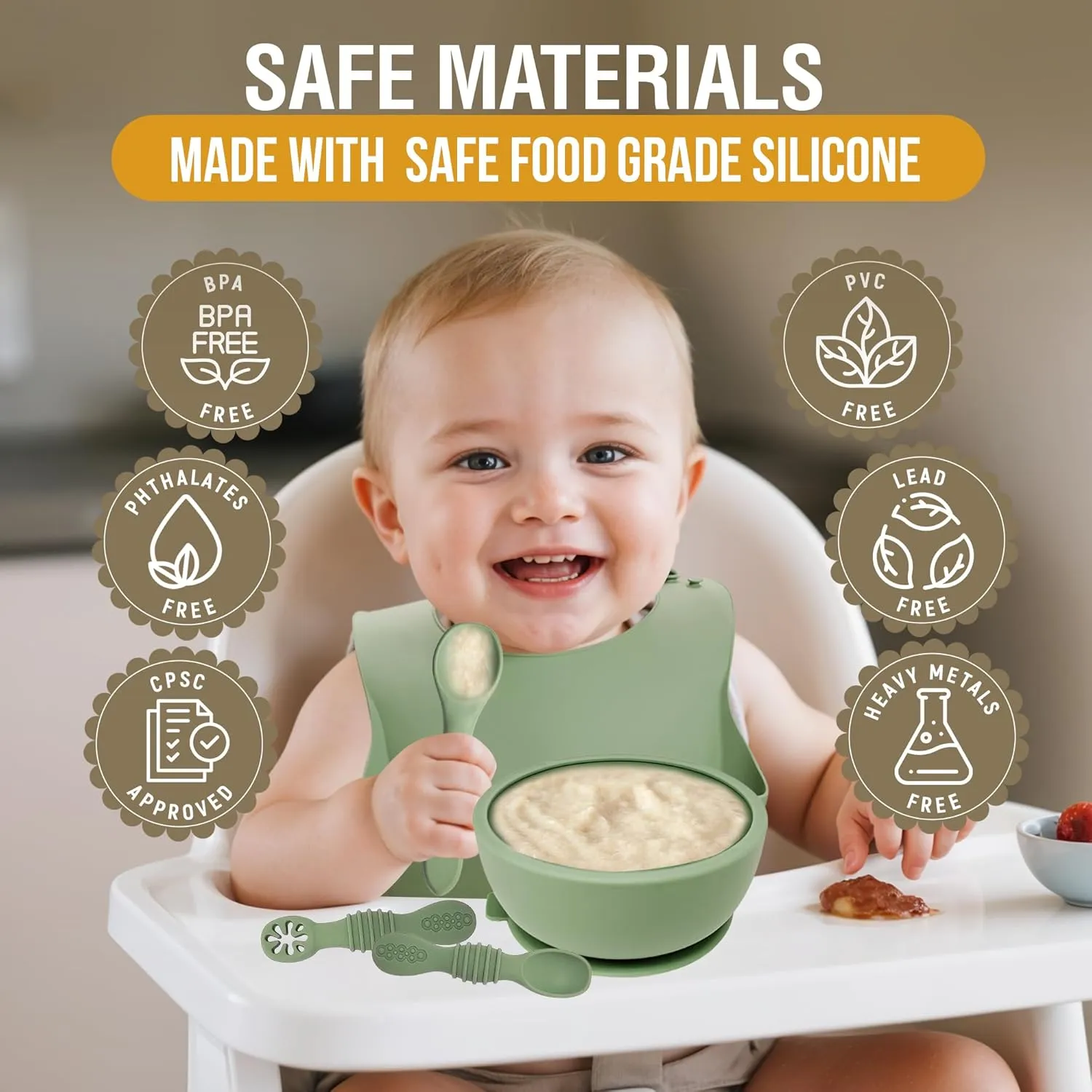 6 Piece Baby Bowls With Suction and Lids | Toddler Bowl Set with 1 Bowl, 1 Bib, 2 Baby Spoons, 1 Large Spoon, 1 Large Fork, Baby Feeding Essentials (1, Mint)