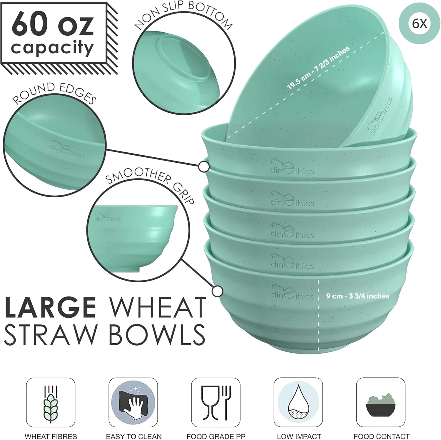 60 OZ 6 Big Bowl Set - Wheat Straw Bowls - Unbreakable Microwave Safe Large Cereal, Salad, Serving Bowls for Kitchen and Family Movie Night (Light Mint Green)