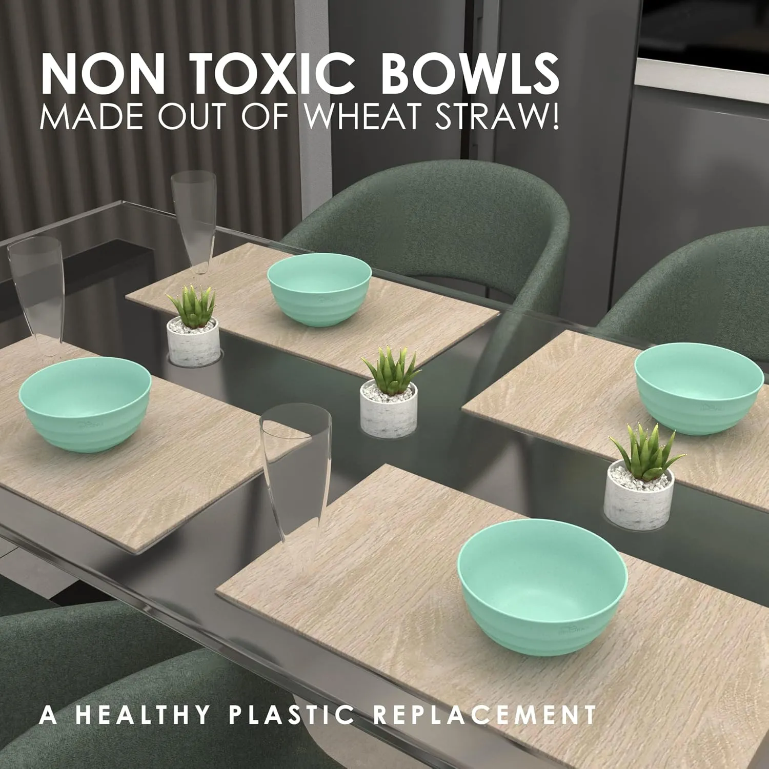 60 OZ 6 Big Bowl Set - Wheat Straw Bowls - Unbreakable Microwave Safe Large Cereal, Salad, Serving Bowls for Kitchen and Family Movie Night (Light Mint Green)