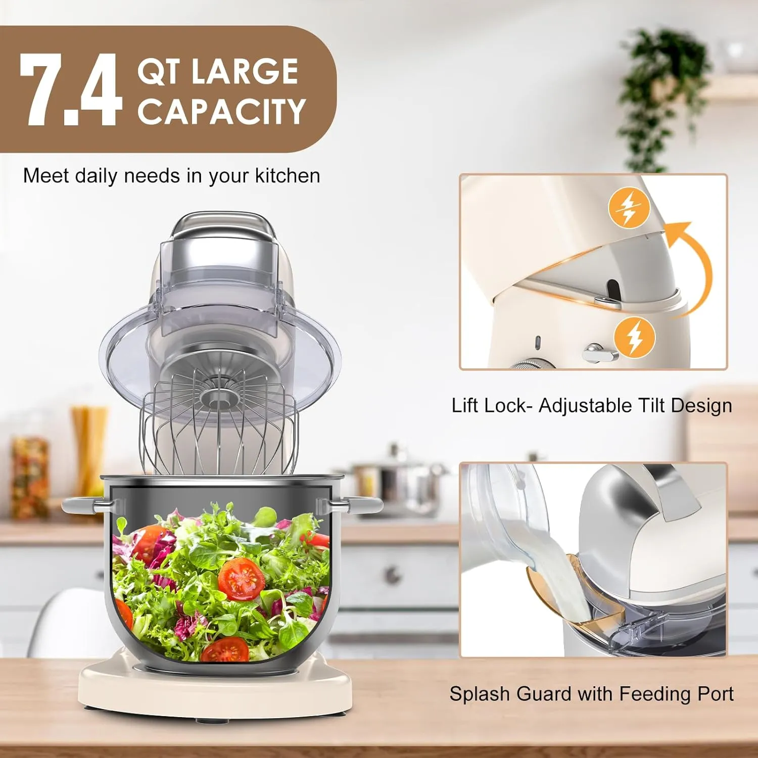 7.4QT Household Stand Mixer 800W with CSA Certified and Aluminum Die Casting, Kitchen Electric Mixer Metal Food Mixer with Stainless Steel 7L Bowl, Dough Hook, Whisk and Beater