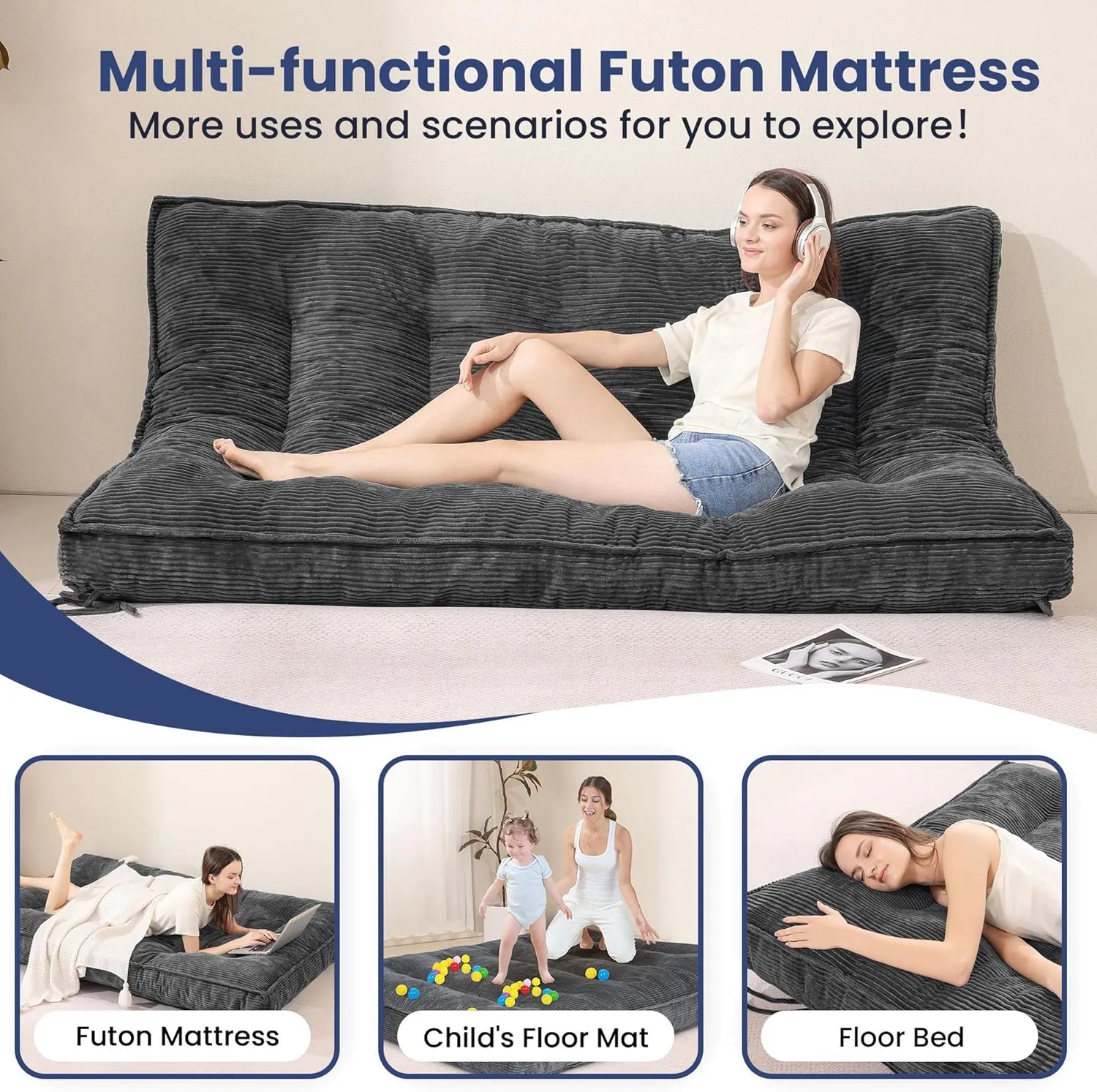 8 Inch Futon Mattress Full Size, Extra Thick Futon Sofa Bed Upgraded Japanese Floor Mattress Floor Futons Mattress for Adults Foldable Japanese Futon Mattress 8", Grey