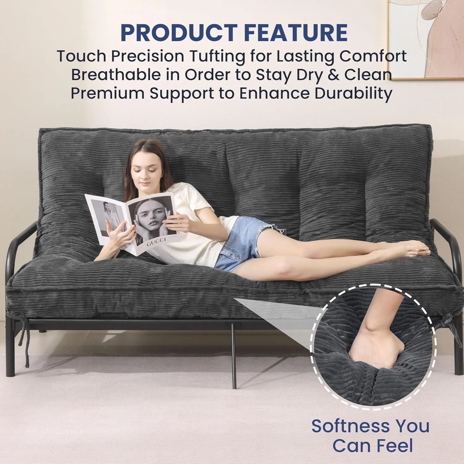8 Inch Futon Mattress Full Size, Extra Thick Futon Sofa Bed Upgraded Japanese Floor Mattress Floor Futons Mattress for Adults Foldable Japanese Futon Mattress 8", Grey