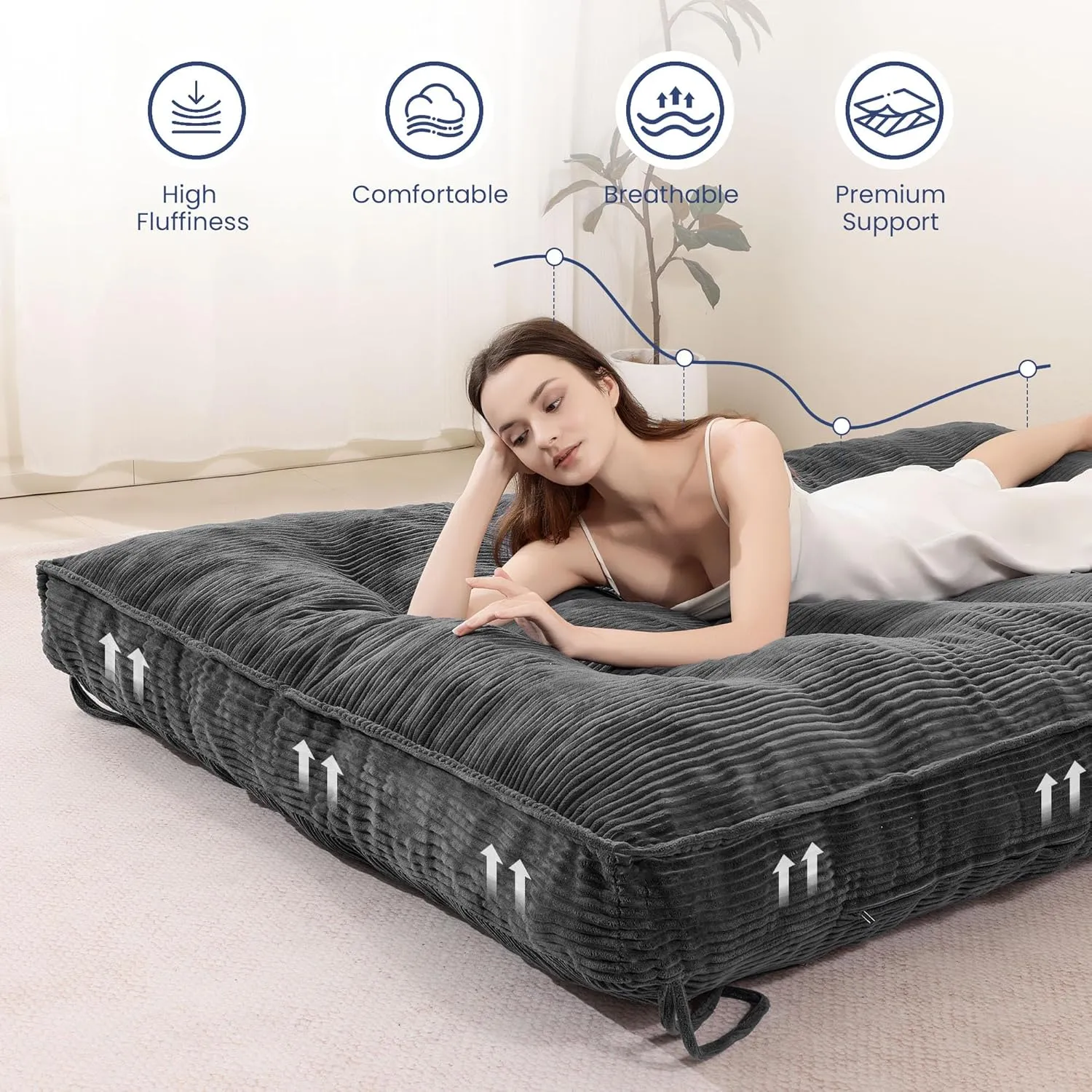 8 Inch Futon Mattress Full Size, Extra Thick Futon Sofa Bed Upgraded Japanese Floor Mattress Floor Futons Mattress for Adults Foldable Japanese Futon Mattress 8", Grey
