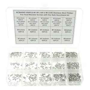 850PCS M1 M1.2 M1.4 M1.6 M2 Metric Stainless Steel Phillips Pan Head Machine Screws Nuts Assortment Kit