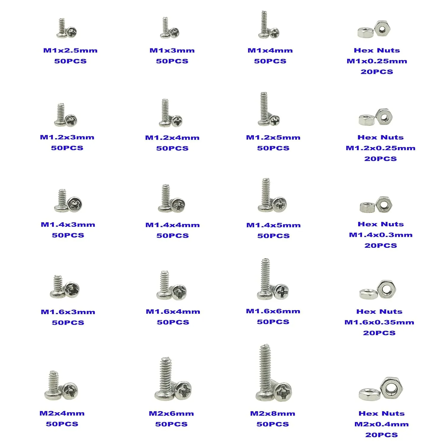 850PCS M1 M1.2 M1.4 M1.6 M2 Metric Stainless Steel Phillips Pan Head Machine Screws Nuts Assortment Kit