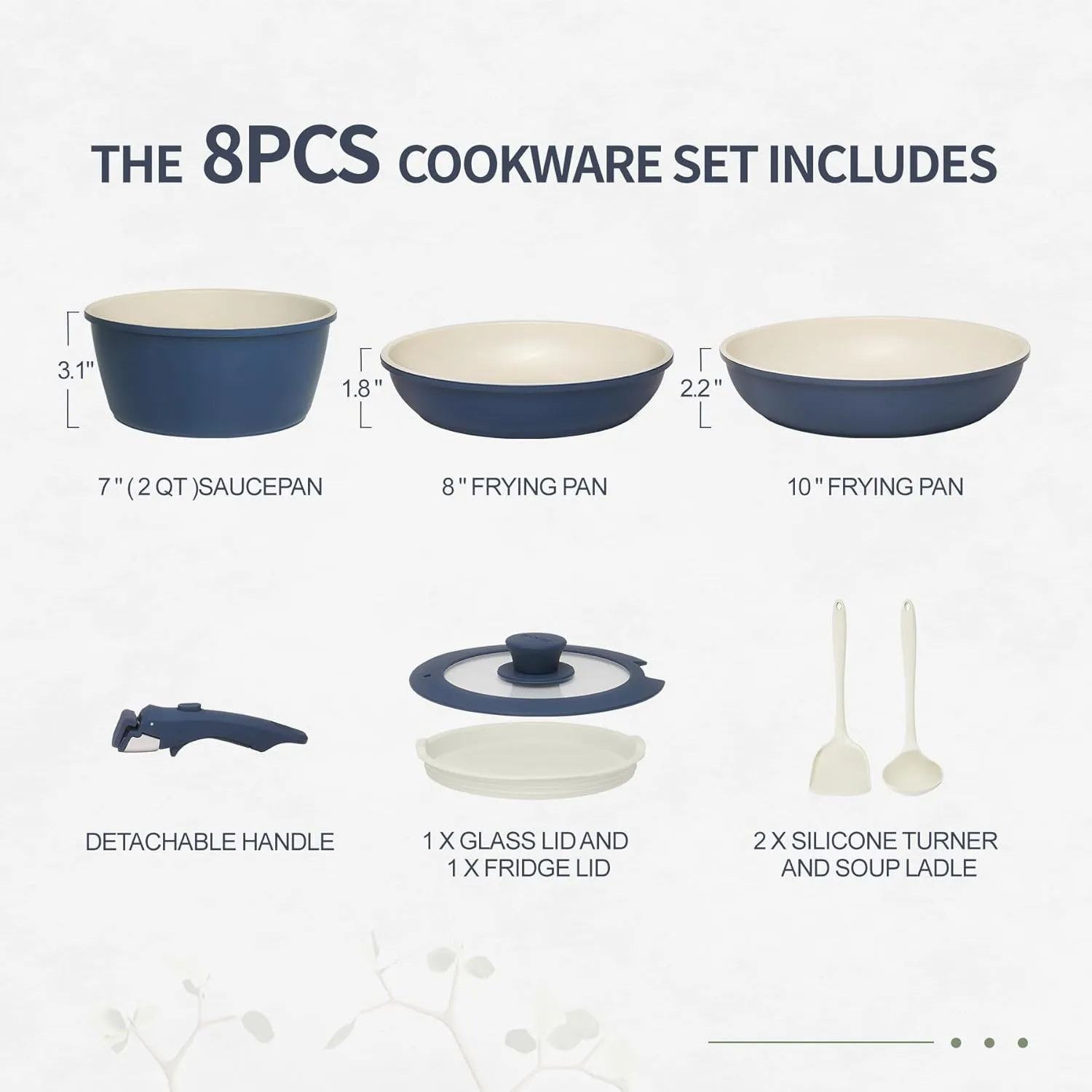 8PCS Ceramic Cookware,Nonstick Pan, Removable Handle Ceramic Pots and Pans Set, Stackable Set, Nonstick Pan Pots and Pans Set Non Stick pot(Blue)