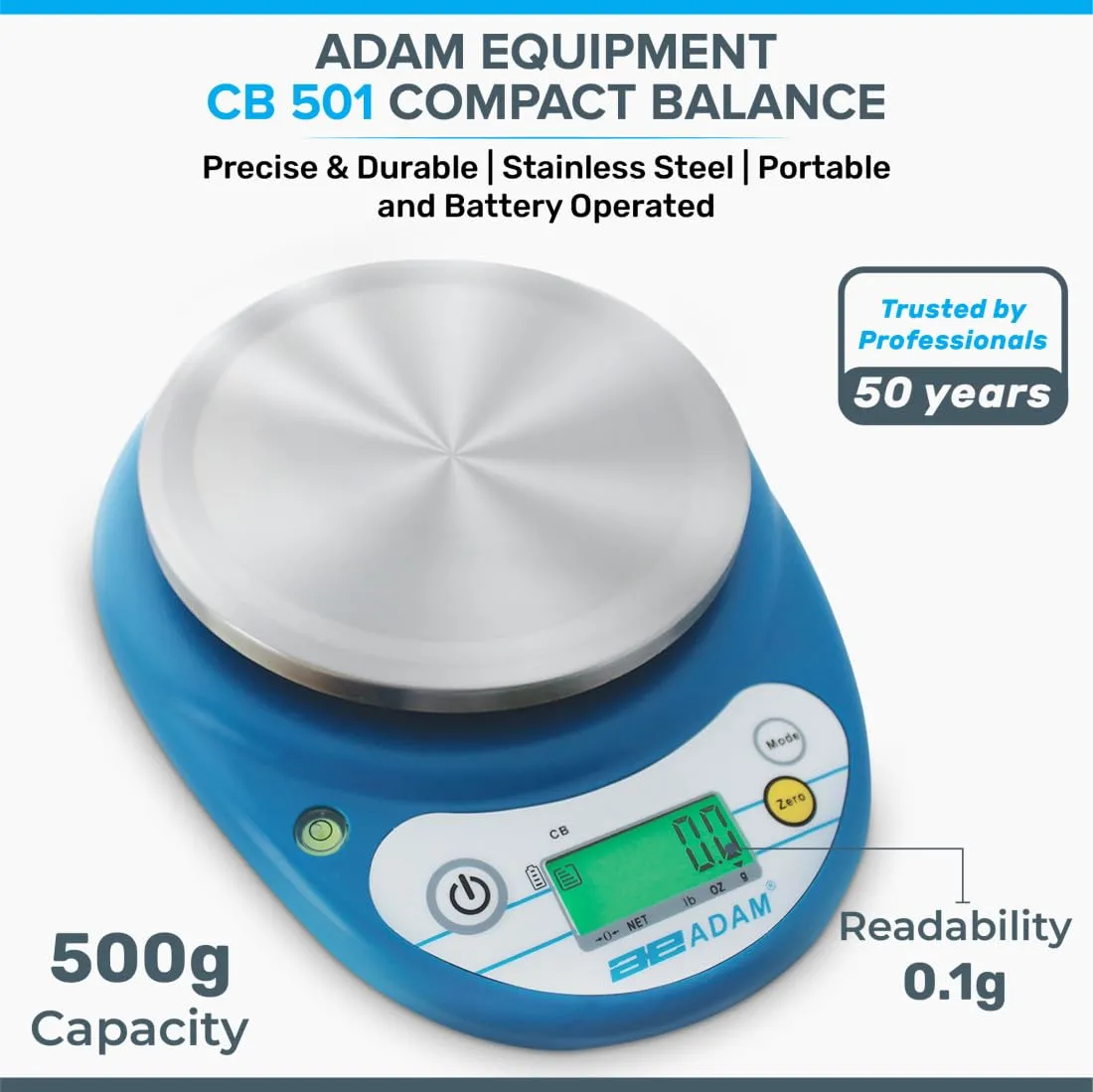 Adam Equipment CB 501 Compact Balance, 500g Capacity, 0.1g Readability