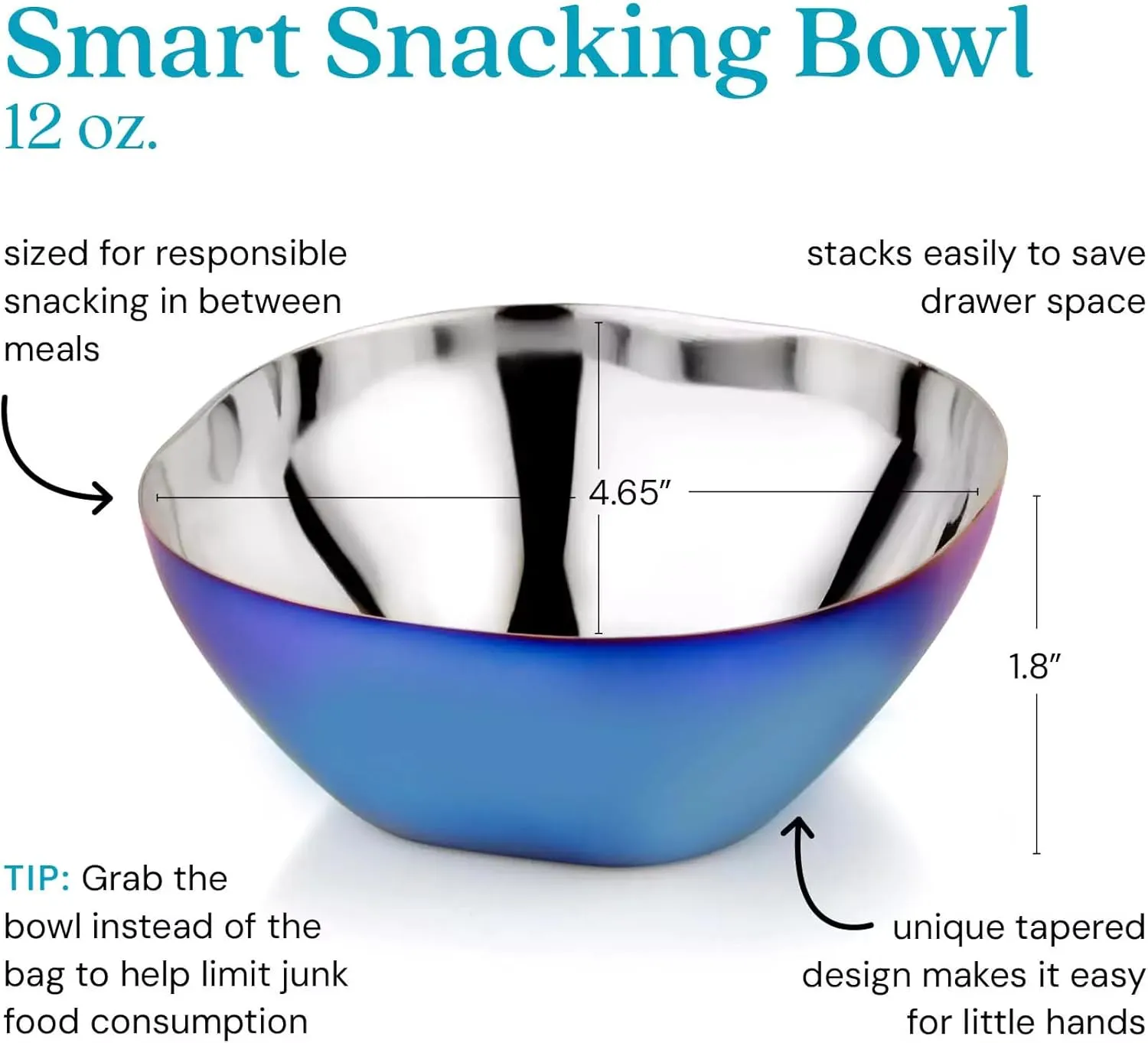 Ahimsa Stainless Steel Kids Bowls - Pediatrician Designed, 12oz Toddler Bowls, Non Toxic Stainless Steel Snack Bowl, BPA Free & Dishwasher Safe (Single Blue Bowl)