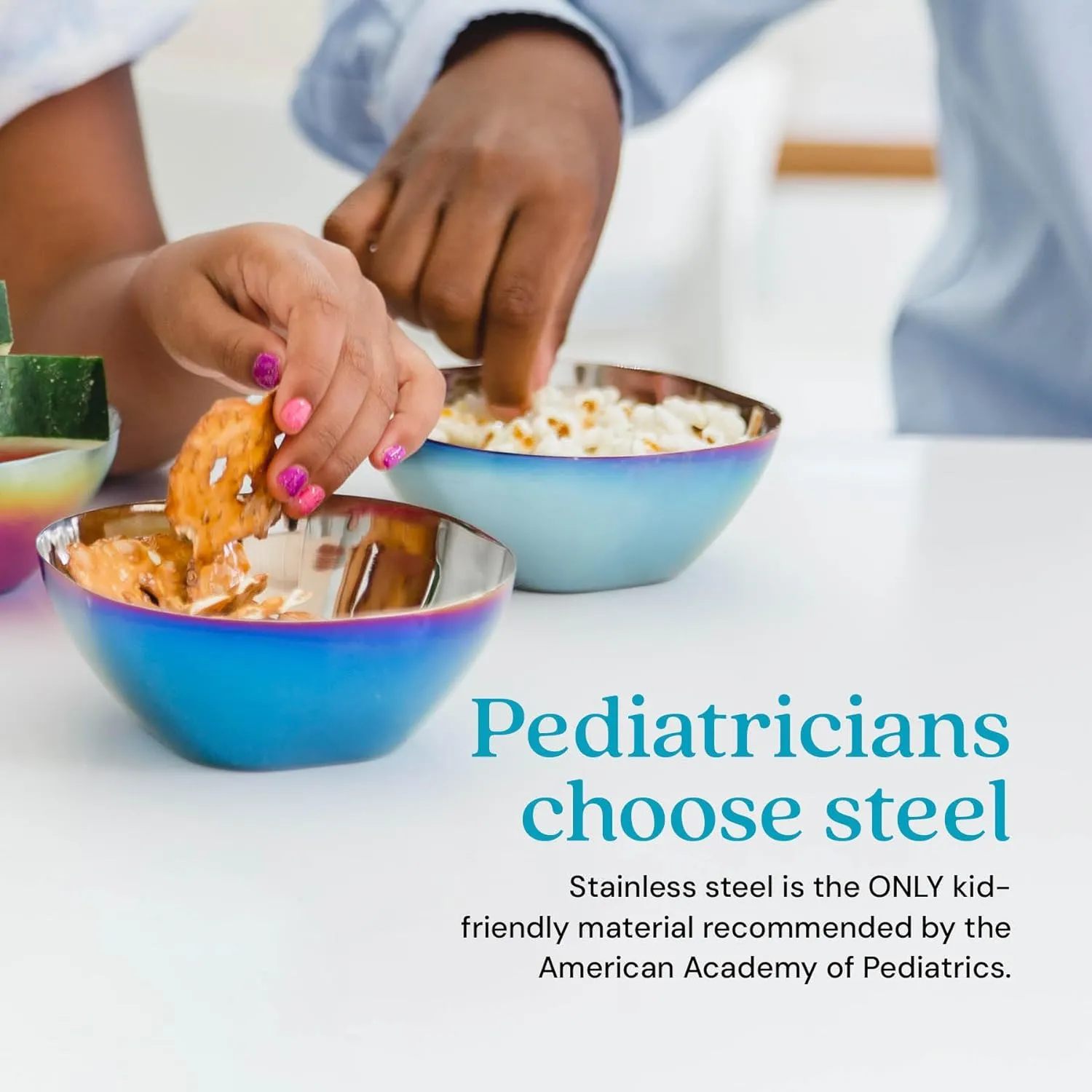 Ahimsa Stainless Steel Kids Bowls - Pediatrician Designed, 12oz Toddler Bowls, Non Toxic Stainless Steel Snack Bowl, BPA Free & Dishwasher Safe (Single Blue Bowl)