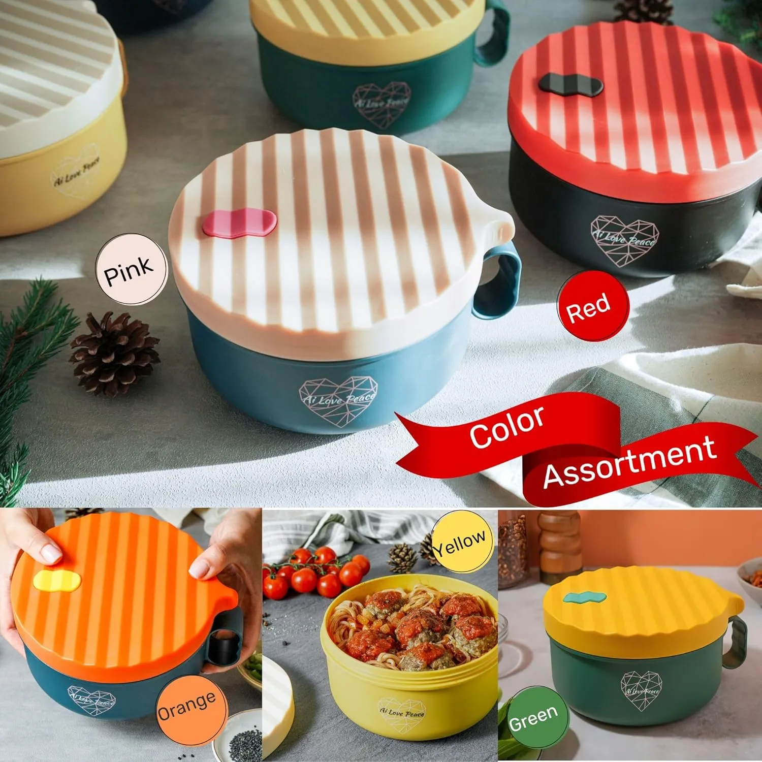 AI LOVE PEACE Ramen Bowl, 40 oz Microwaveable Noodle Cooker for Ramen, Pho, Soup, and Pasta, Dishwasher Safe and Portable, Ideal for Home, Office, Dorm, or Gift (Red)