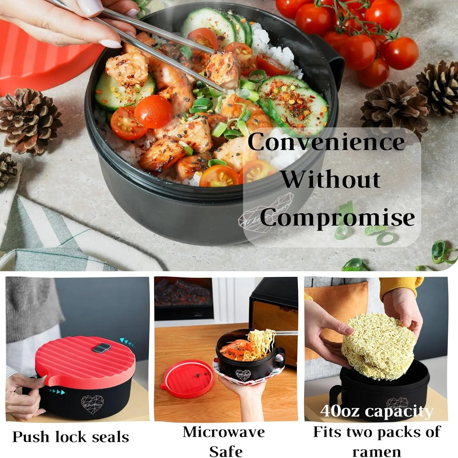 AI LOVE PEACE Ramen Bowl, 40 oz Microwaveable Noodle Cooker for Ramen, Pho, Soup, and Pasta, Dishwasher Safe and Portable, Ideal for Home, Office, Dorm, or Gift (Red)