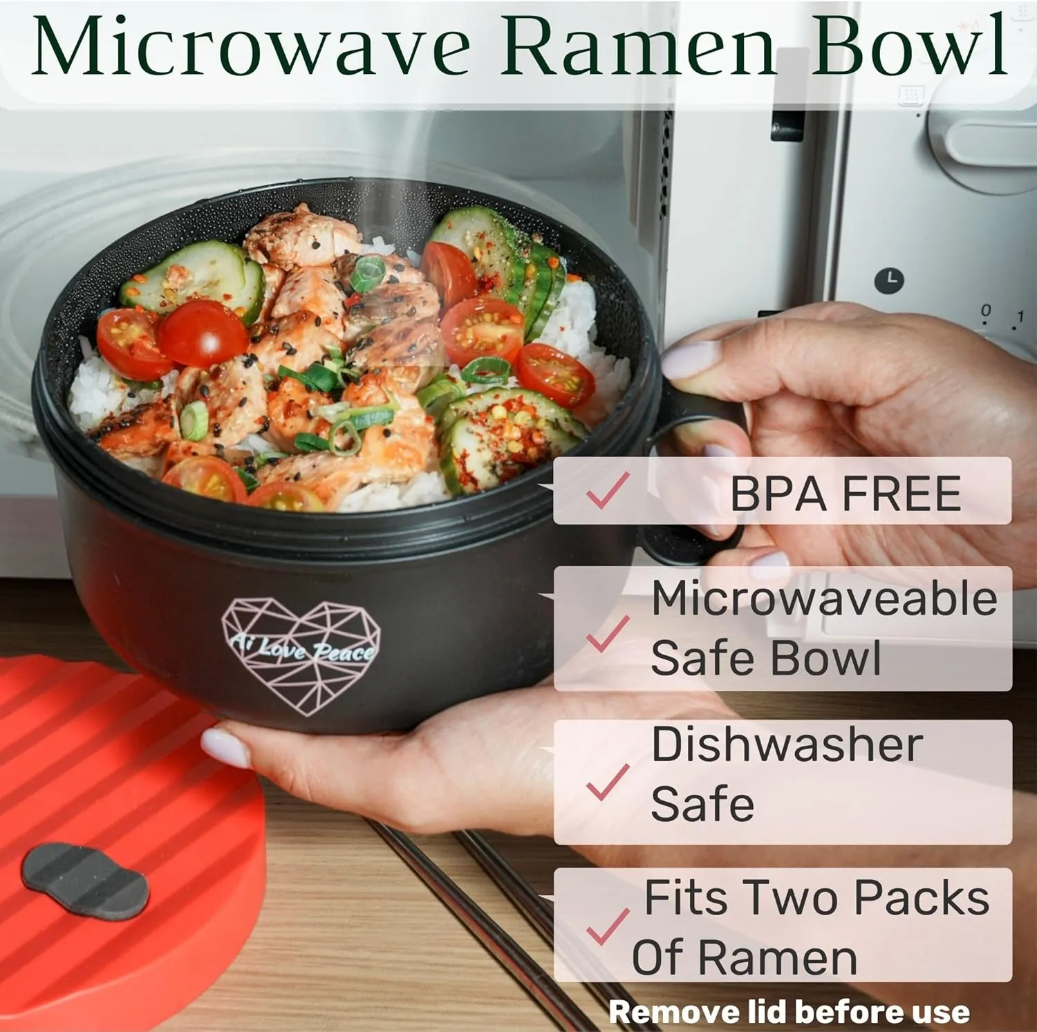 AI LOVE PEACE Ramen Bowl, 40 oz Microwaveable Noodle Cooker for Ramen, Pho, Soup, and Pasta, Dishwasher Safe and Portable, Ideal for Home, Office, Dorm, or Gift (Red)
