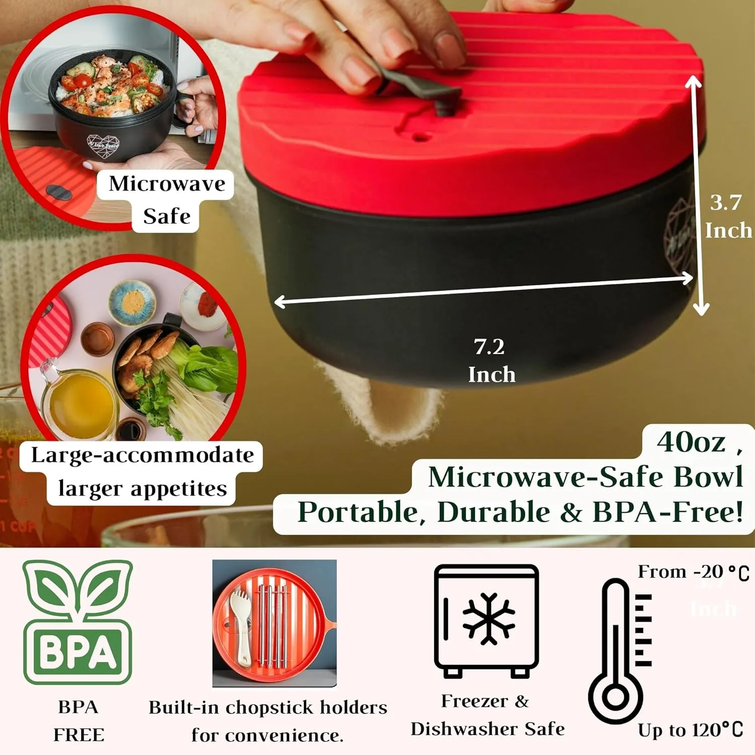 AI LOVE PEACE Ramen Bowl, 40 oz Microwaveable Noodle Cooker for Ramen, Pho, Soup, and Pasta, Dishwasher Safe and Portable, Ideal for Home, Office, Dorm, or Gift (Red)