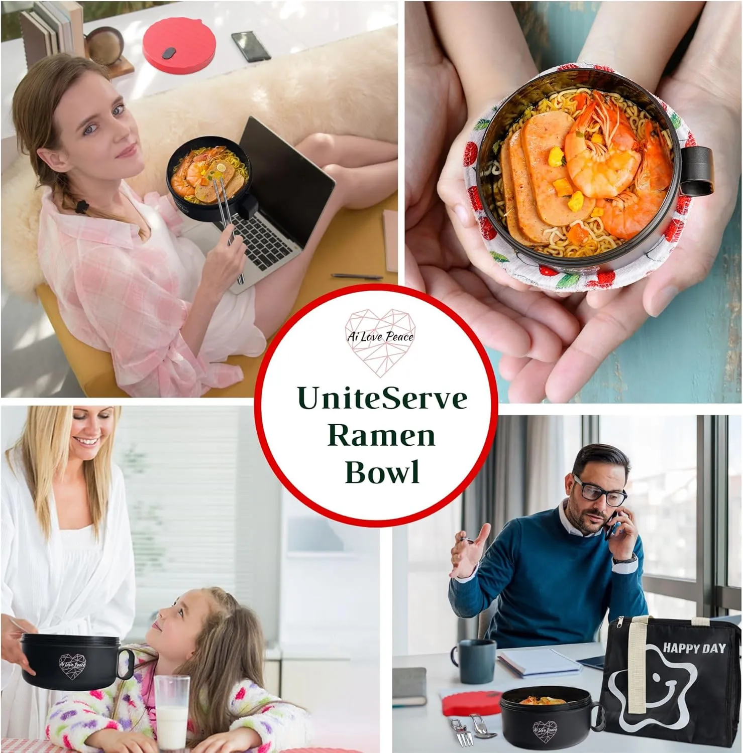 AI LOVE PEACE Ramen Bowl, 40 oz Microwaveable Noodle Cooker for Ramen, Pho, Soup, and Pasta, Dishwasher Safe and Portable, Ideal for Home, Office, Dorm, or Gift (Red)