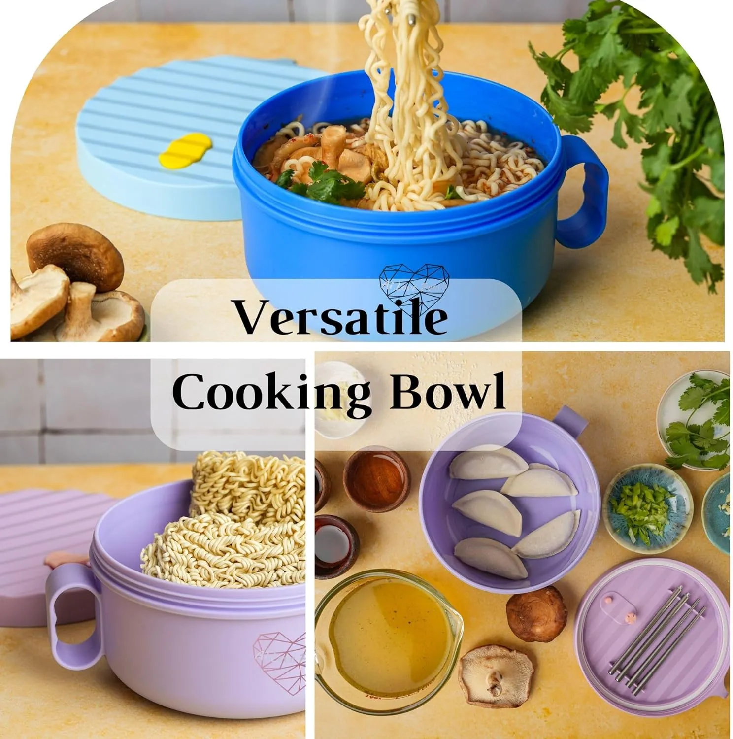 AI LOVE PEACE Ramen Bowls, 40 oz Large Microwavable Noodle Bowls (1 Blue, 1 Purple) with Chopsticks, Sporks, and Utensil Bag, Portable Microwave Bowl for Home, Office, Dorm, or College Gift.